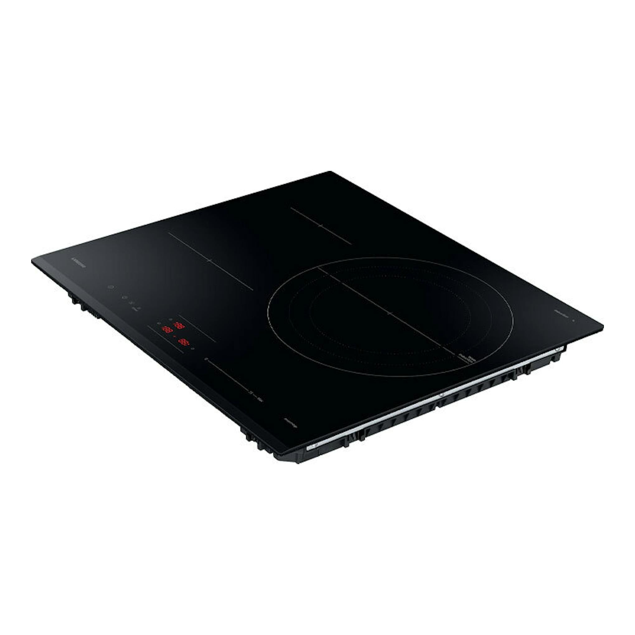 Placa de inducción Samsung NZ63C4036GK/U1 negra, vista en ángulo, con zona de cocción redonda.