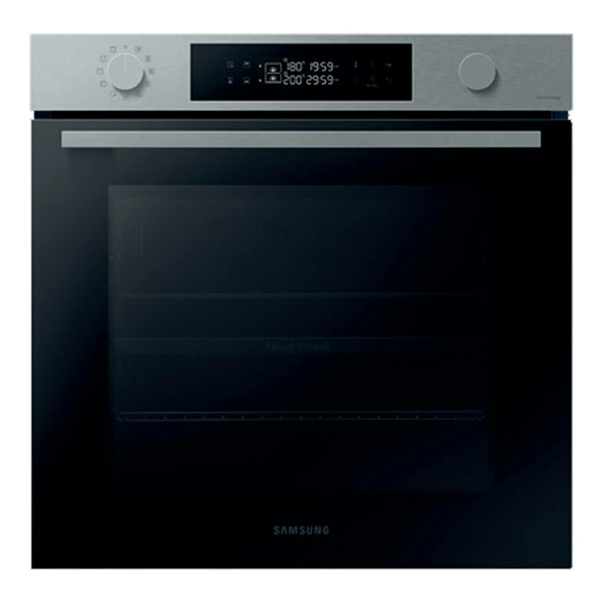 Samsung NV7B4430YAS/U1, horno empotrable frontal en inox y negro, con pantalla digital y mandos giratorios.