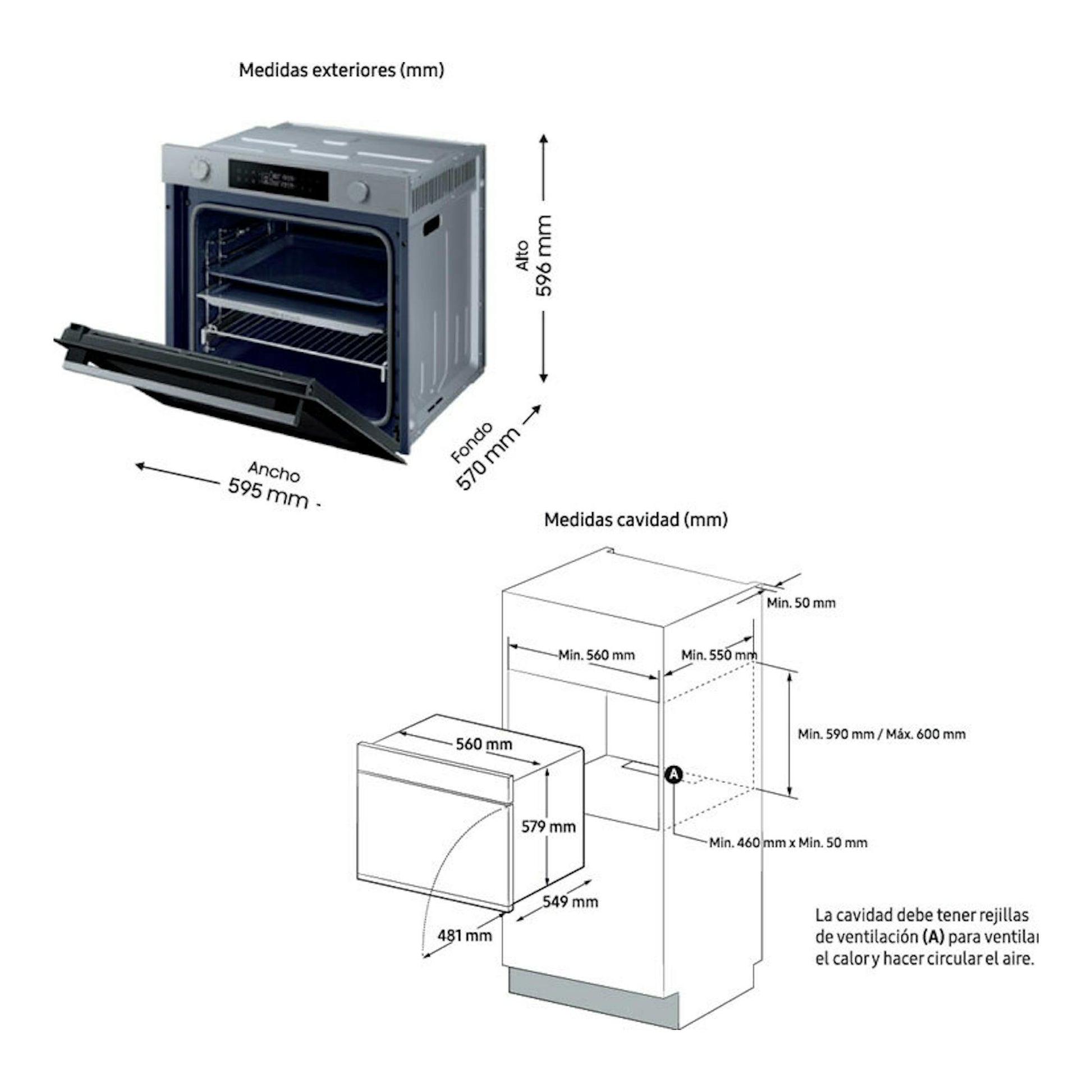 Samsung NV7B4430YAS/U1 inox: horno empotrable visto en 3/4 y diagrama de medidas exteriores y cavidad.