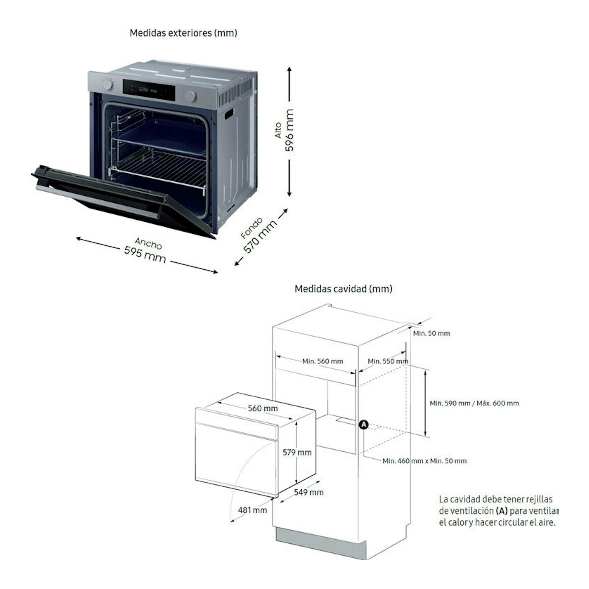Samsung NV7B41301AS/U1, horno inox en perspectiva con esquema de medidas exteriores y cavidad.