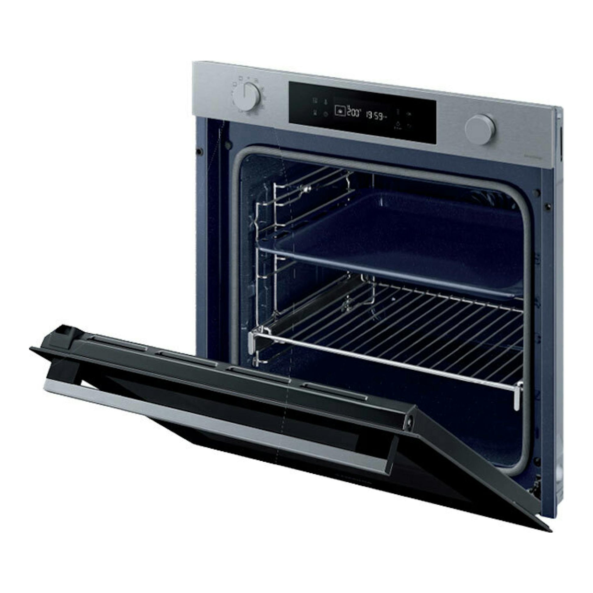 Horno empotrable Samsung NV7B41301AS/U1 en inox, vista frontal con puerta abatible abierta.