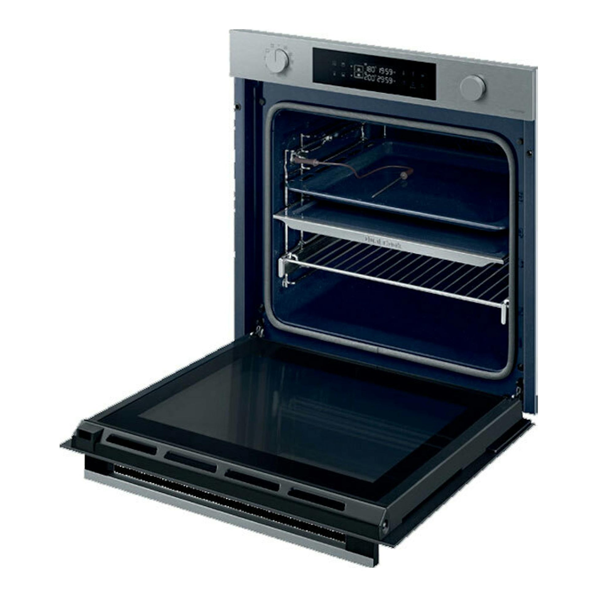 Horno empotrable Samsung NV7B4430YAS/U1 inox, vista frontal con puerta abatible abierta.