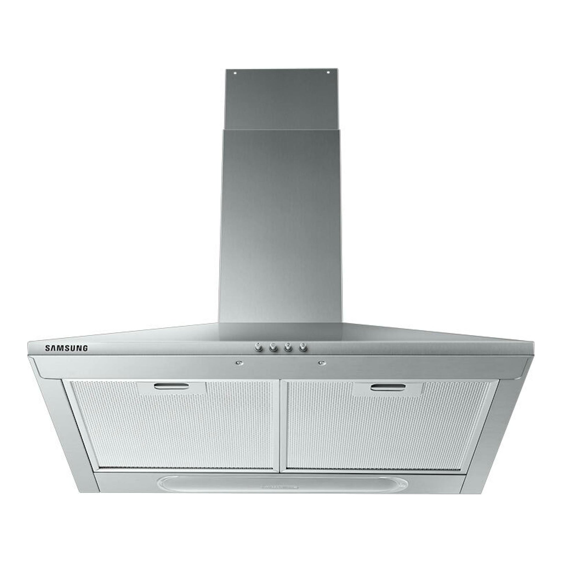 Campana decorativa Samsung NK24M3050PS/U1 inox, vista frontal, con chimenea y filtros metálicos.