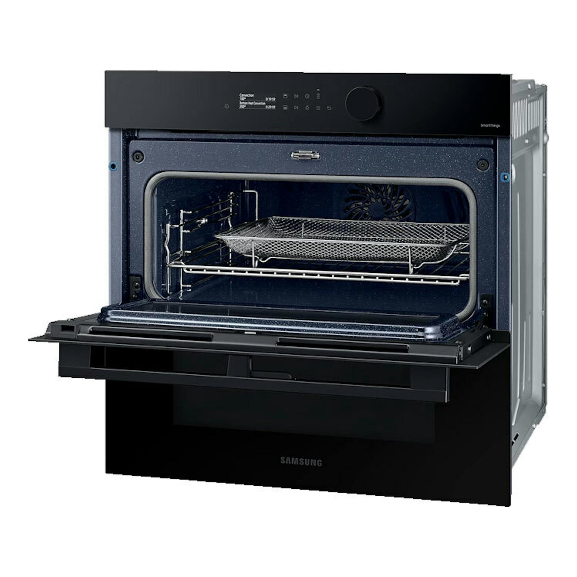 Horno Samsung NV7B5750TDK/U1 negro, vista frontal en ángulo, con la puerta abierta.
