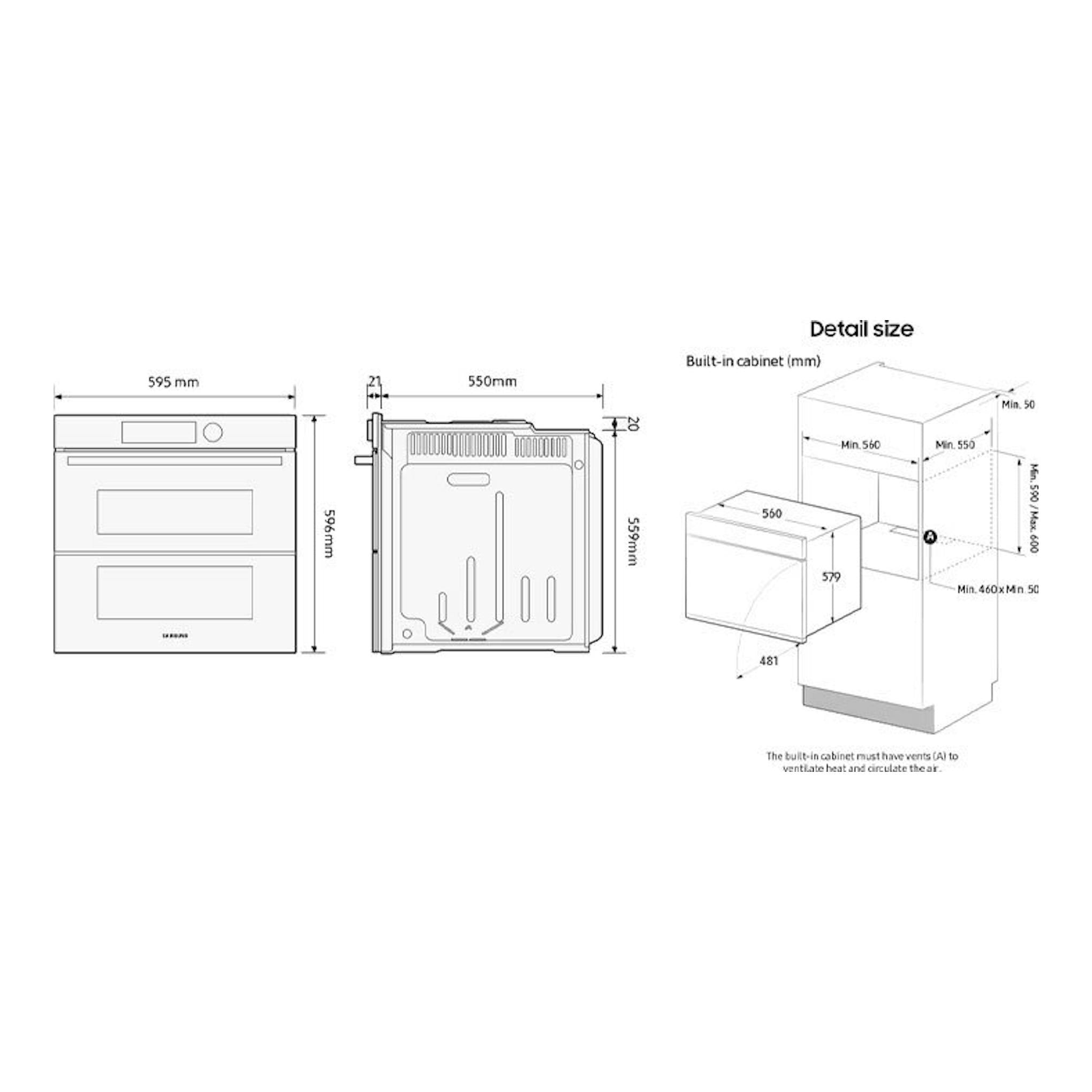 Diagrama técnico del horno Samsung NV7B5750TDK/U1 negro, con vistas frontal y lateral y medidas.