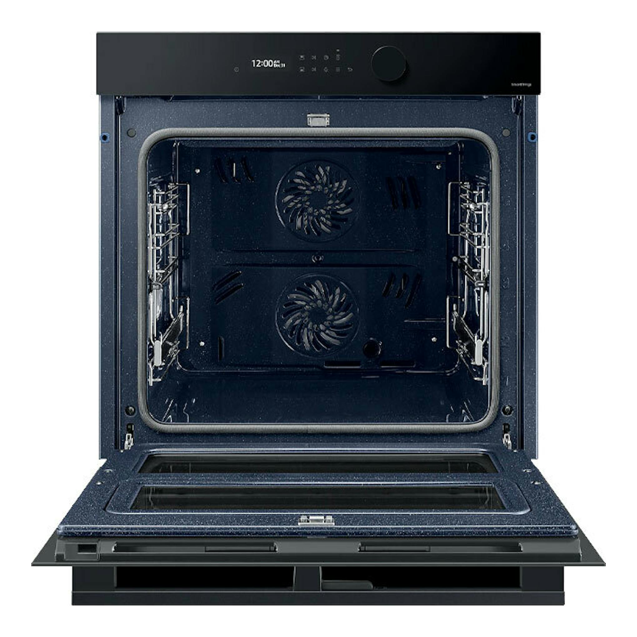 Horno Samsung NV7B5750TDK/U1 negro, vista frontal con la puerta abatible abierta.