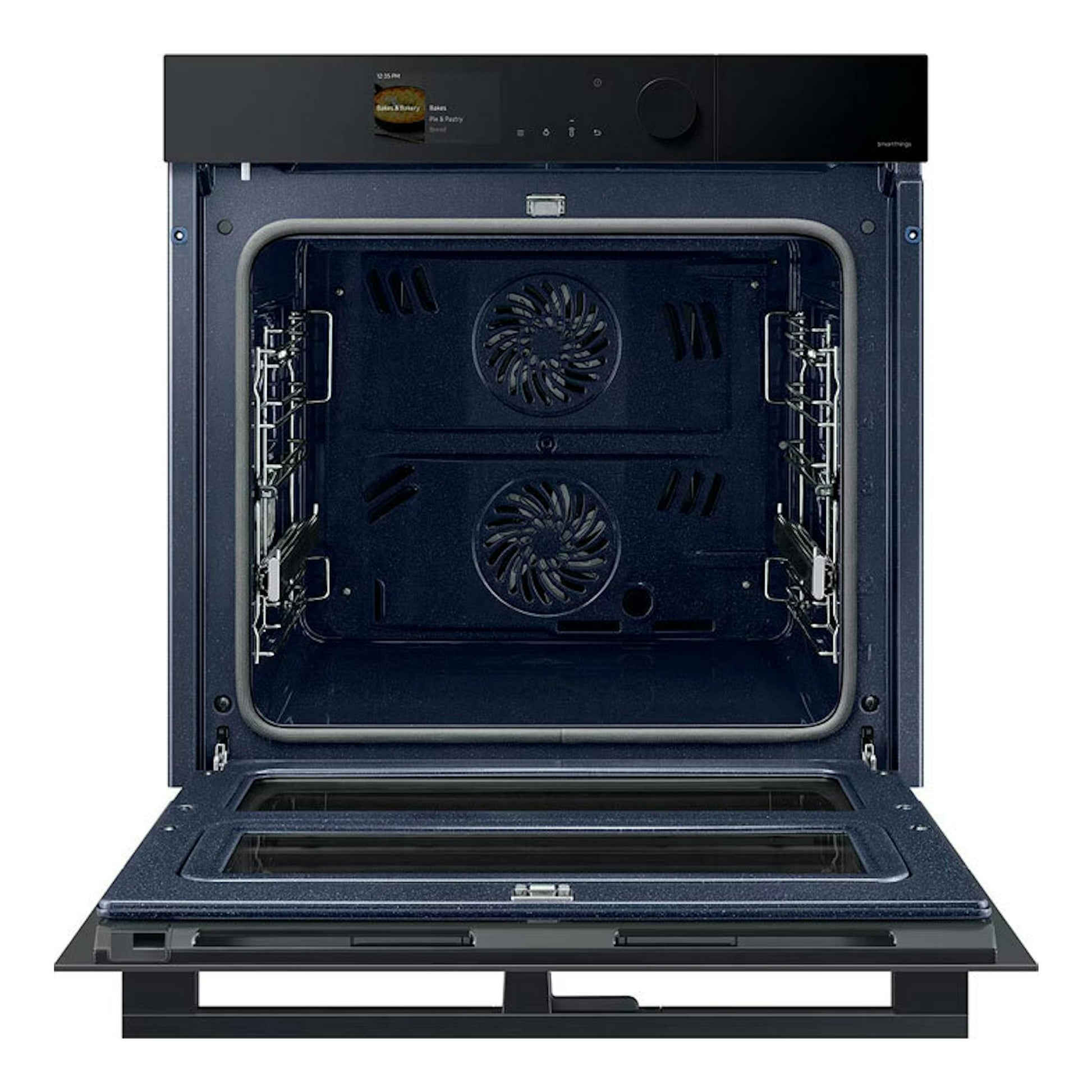 Horno Samsung NV7B6795JAK/U1 negro, vista frontal con la puerta abatida y el interior abierto.