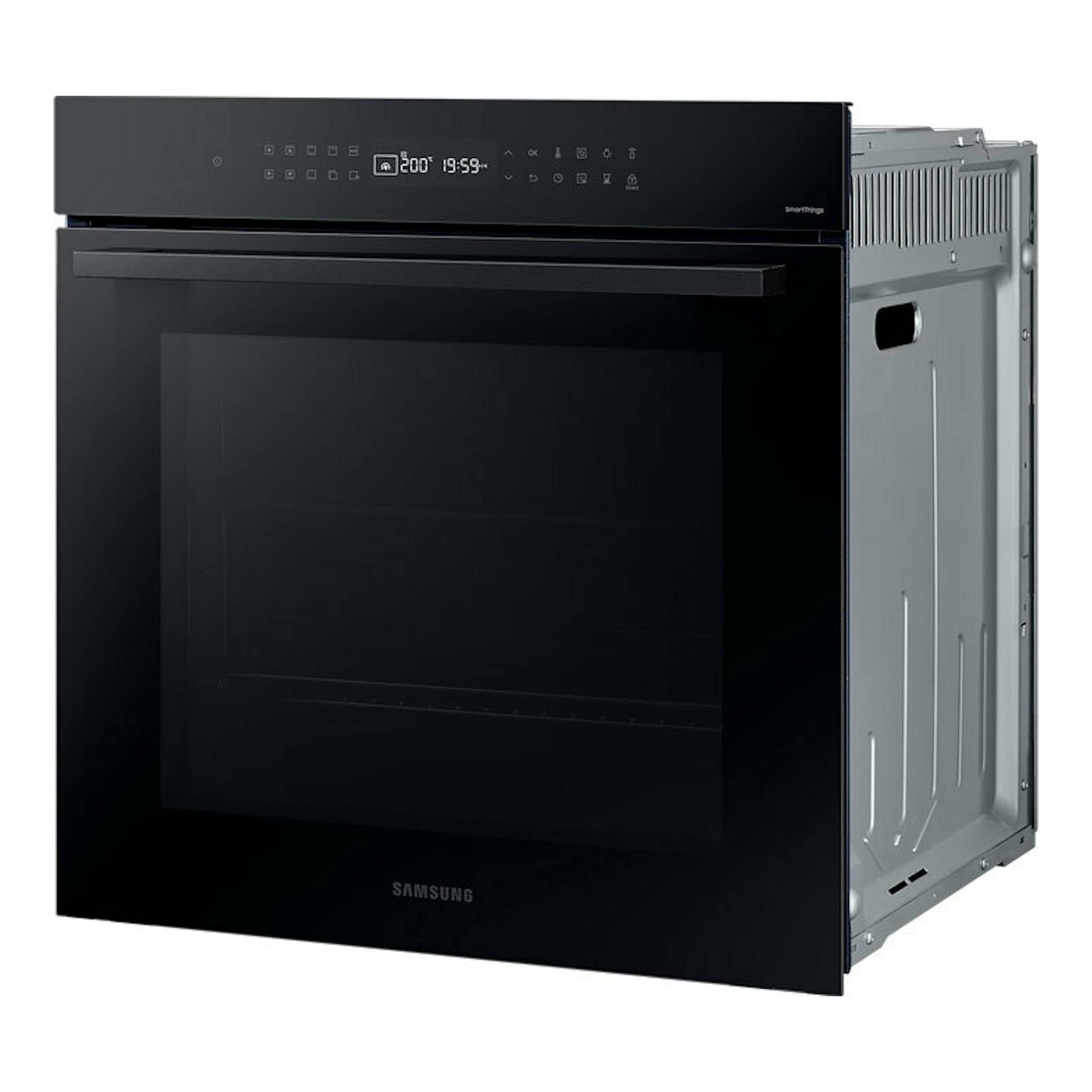Horno empotrable Samsung NV7B40403CK/U1 negro, vista frontal en tres cuartos, con panel digital.