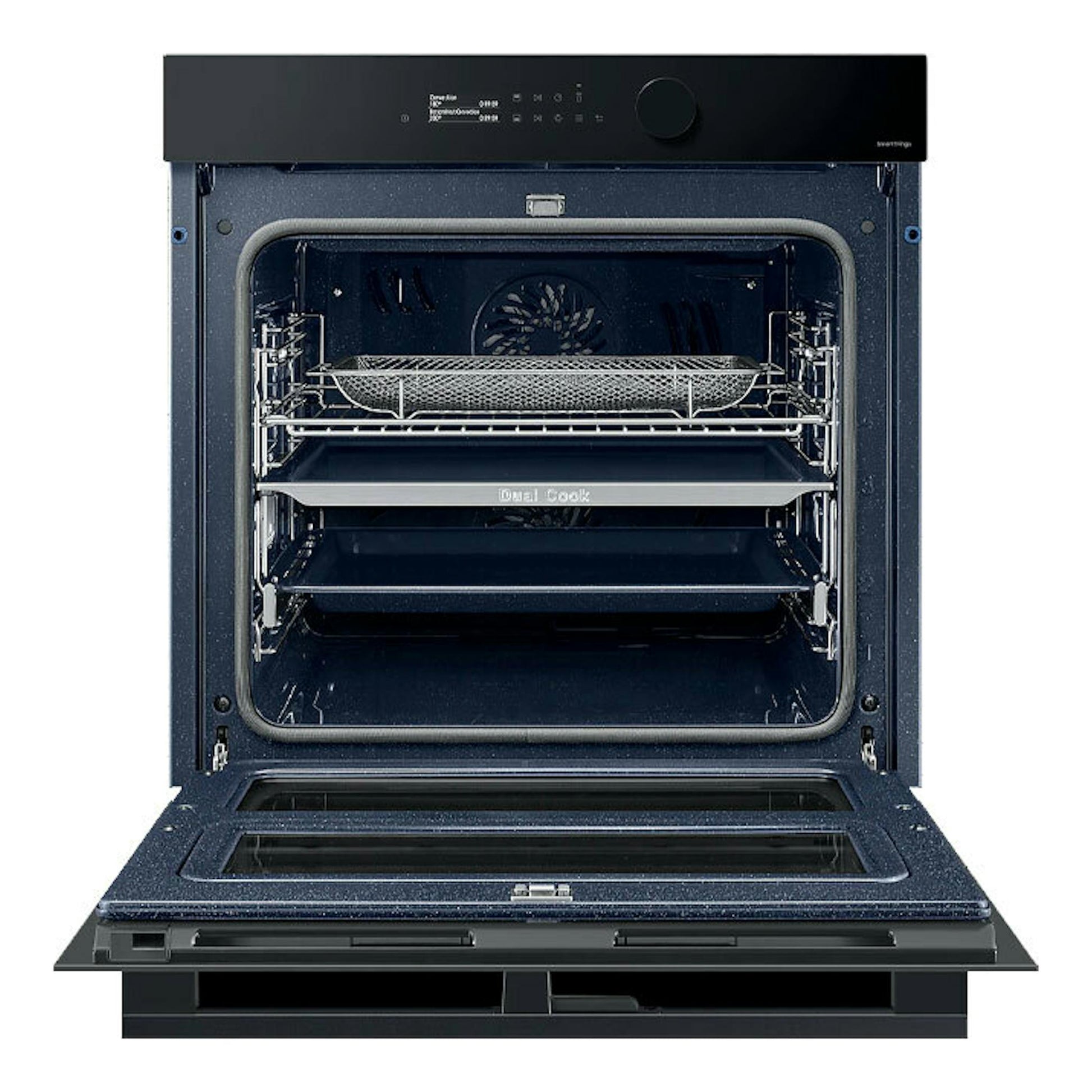 Horno Samsung NV7B5750TDK/U1 negro, vista frontal con la puerta abatida y el interior visible.