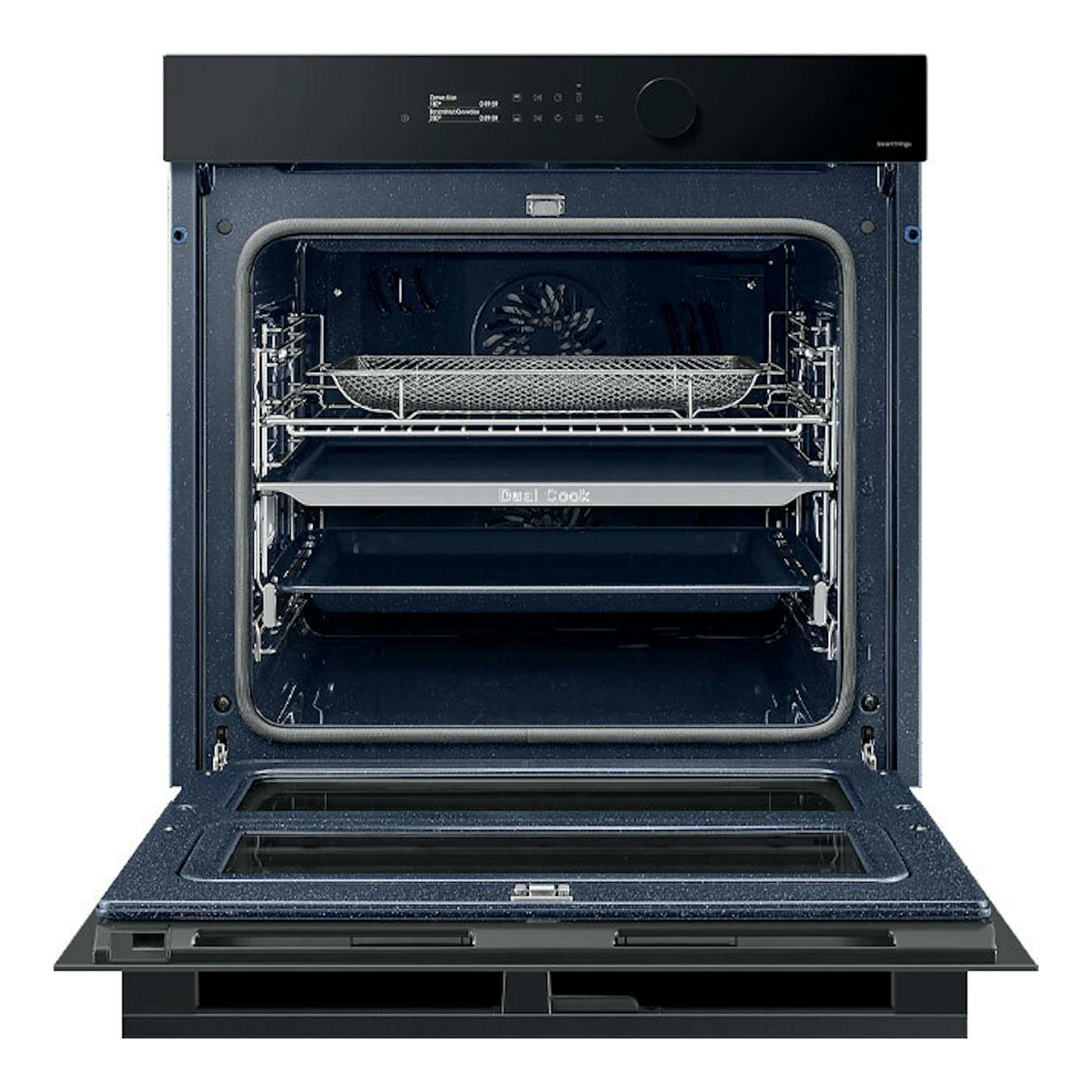 Horno Samsung NV7B5750TDK/U1 negro, vista frontal con la puerta abatida y el interior visible.