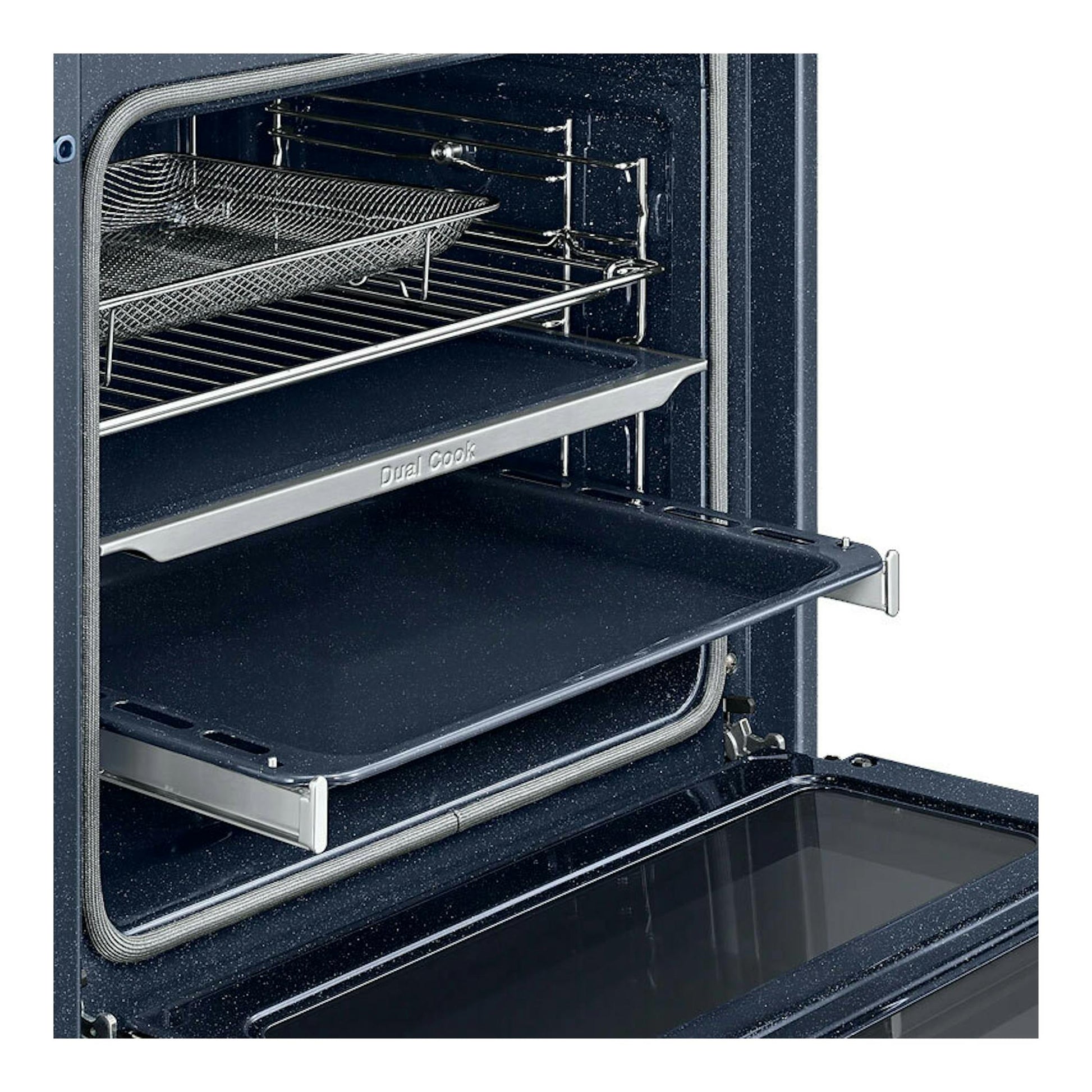 Horno Samsung NV7B5750TDK/U1 negro, interior abierto con bandejas y rejilla, vista frontal.