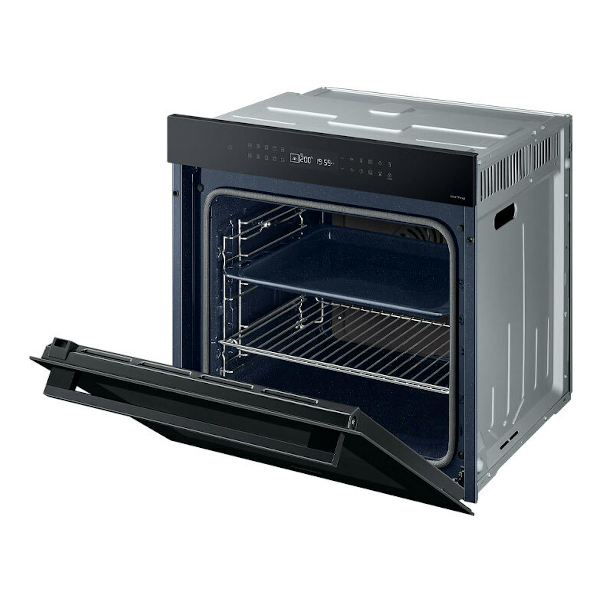 Horno empotrable Samsung NV7B40403CK/U1 negro, vista frontal en tres cuartos con la puerta abatida abierta.