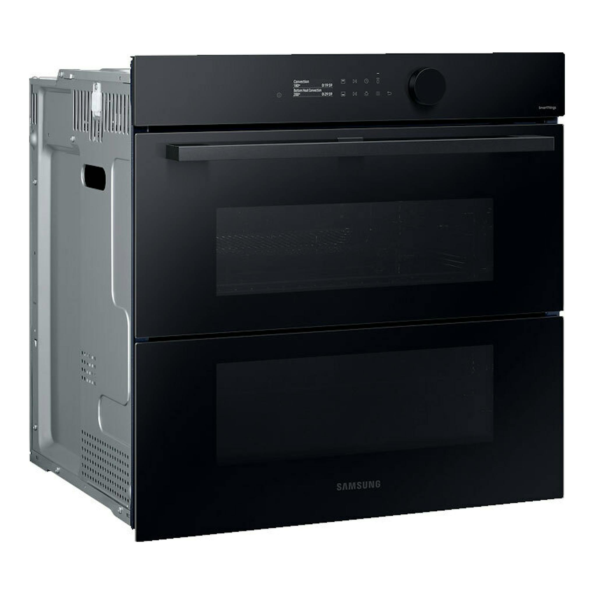Horno empotrable Samsung NV7B5750TDK/U1 negro, vista frontal en ángulo, con dos puertas y mando circular.