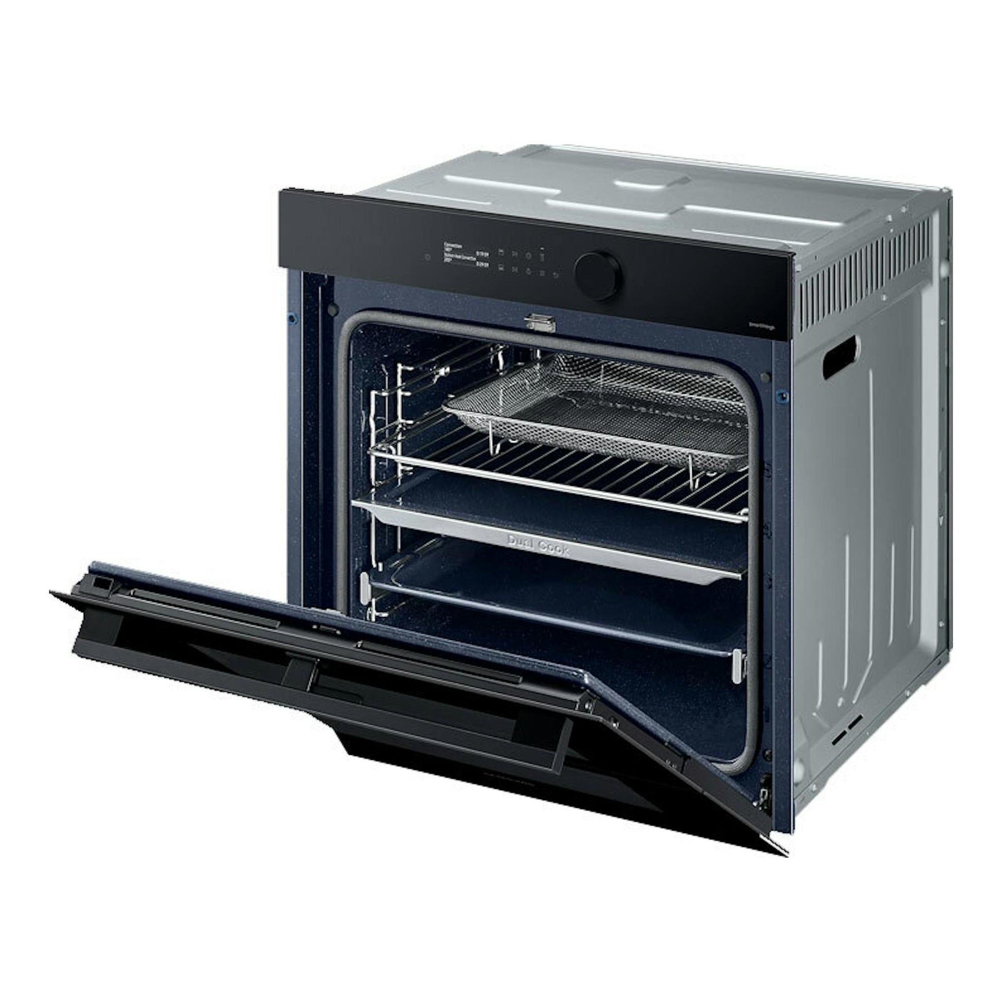 Horno Samsung NV7B5750TDK/U1 negro, vista frontal en tres cuartos con la puerta abatida y el interior visible.