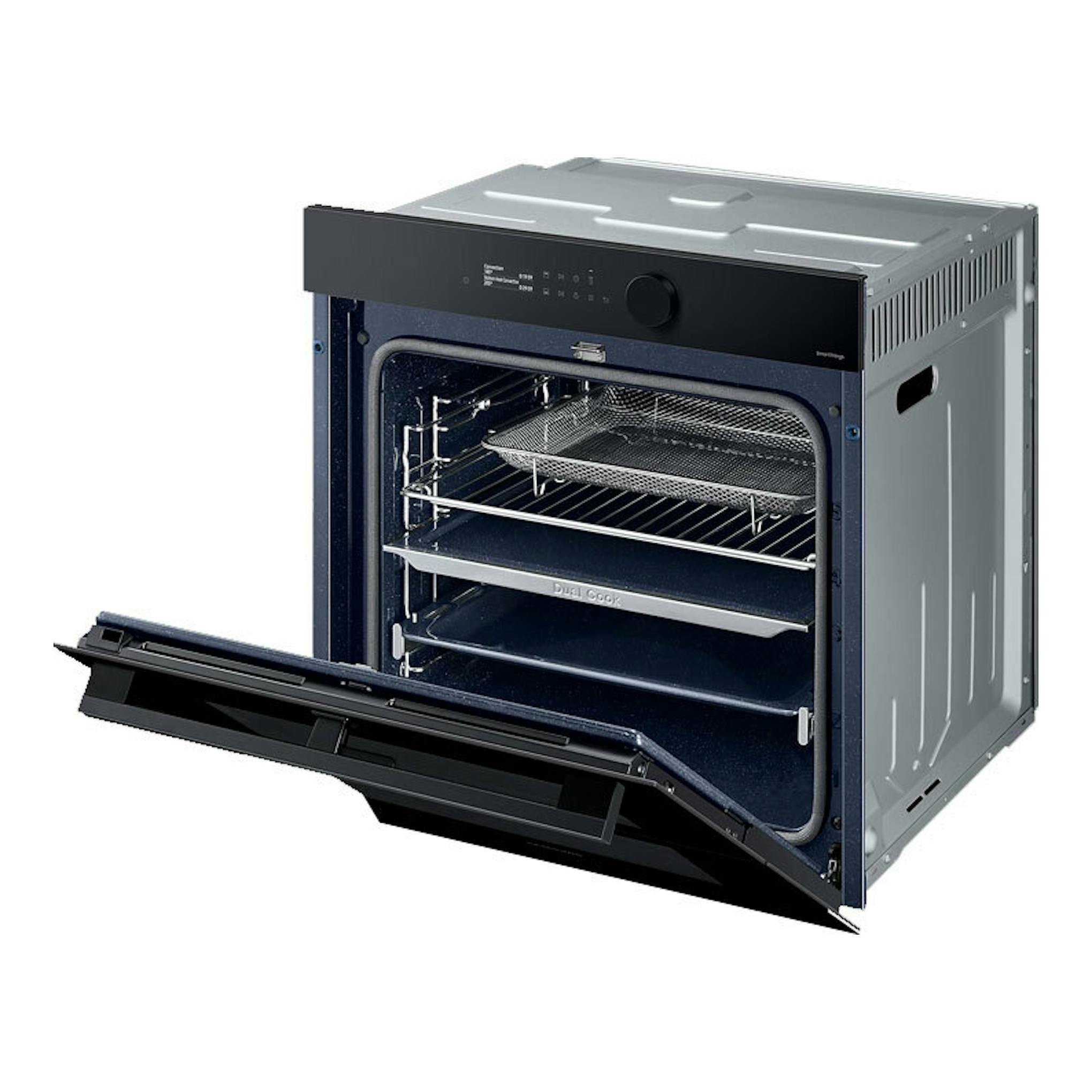 Horno Samsung NV7B5750TDK/U1 negro, vista frontal en tres cuartos con la puerta abatida y el interior visible.