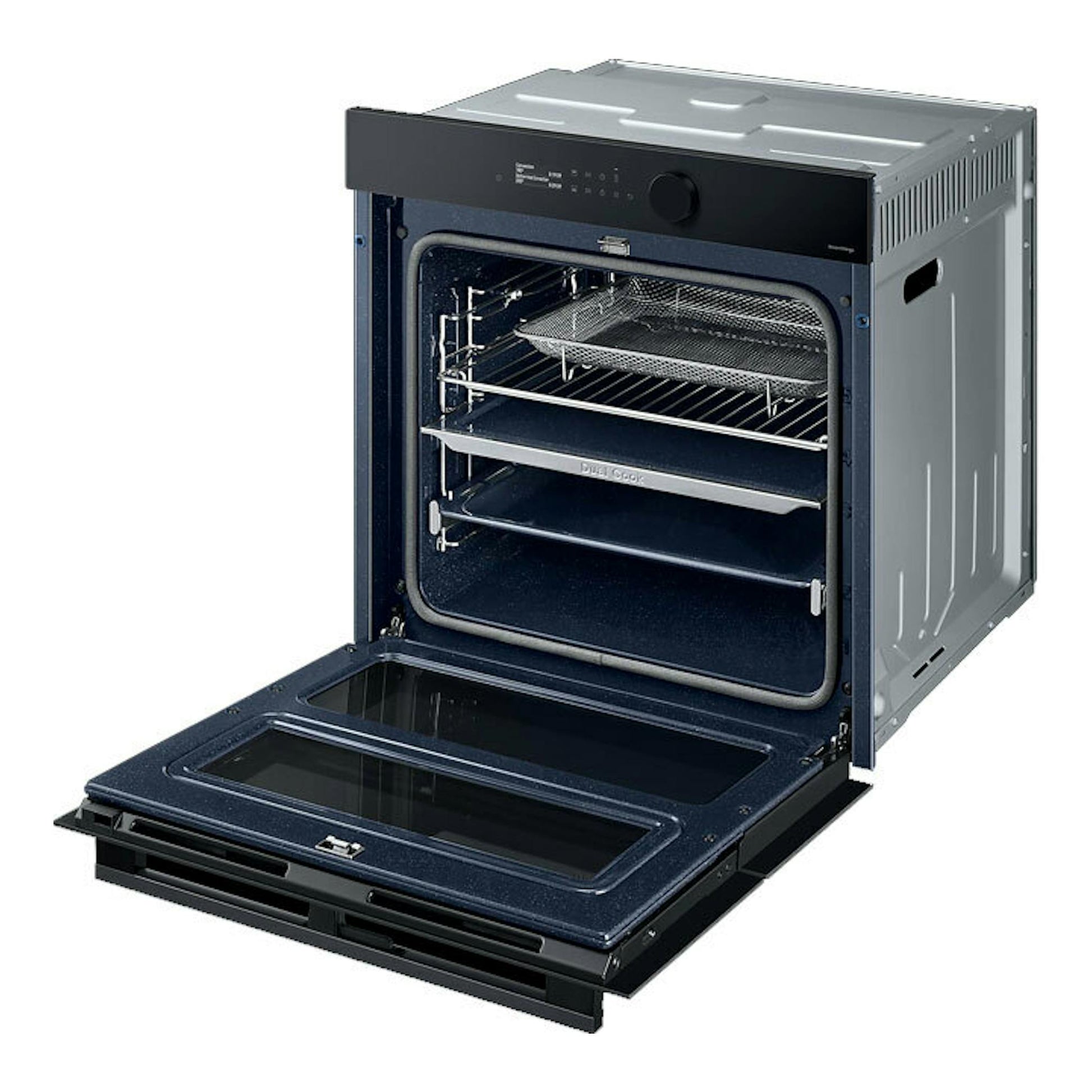 Horno Samsung NV7B5750TDK/U1 negro, vista frontal en ángulo con la puerta abierta e interior visible.