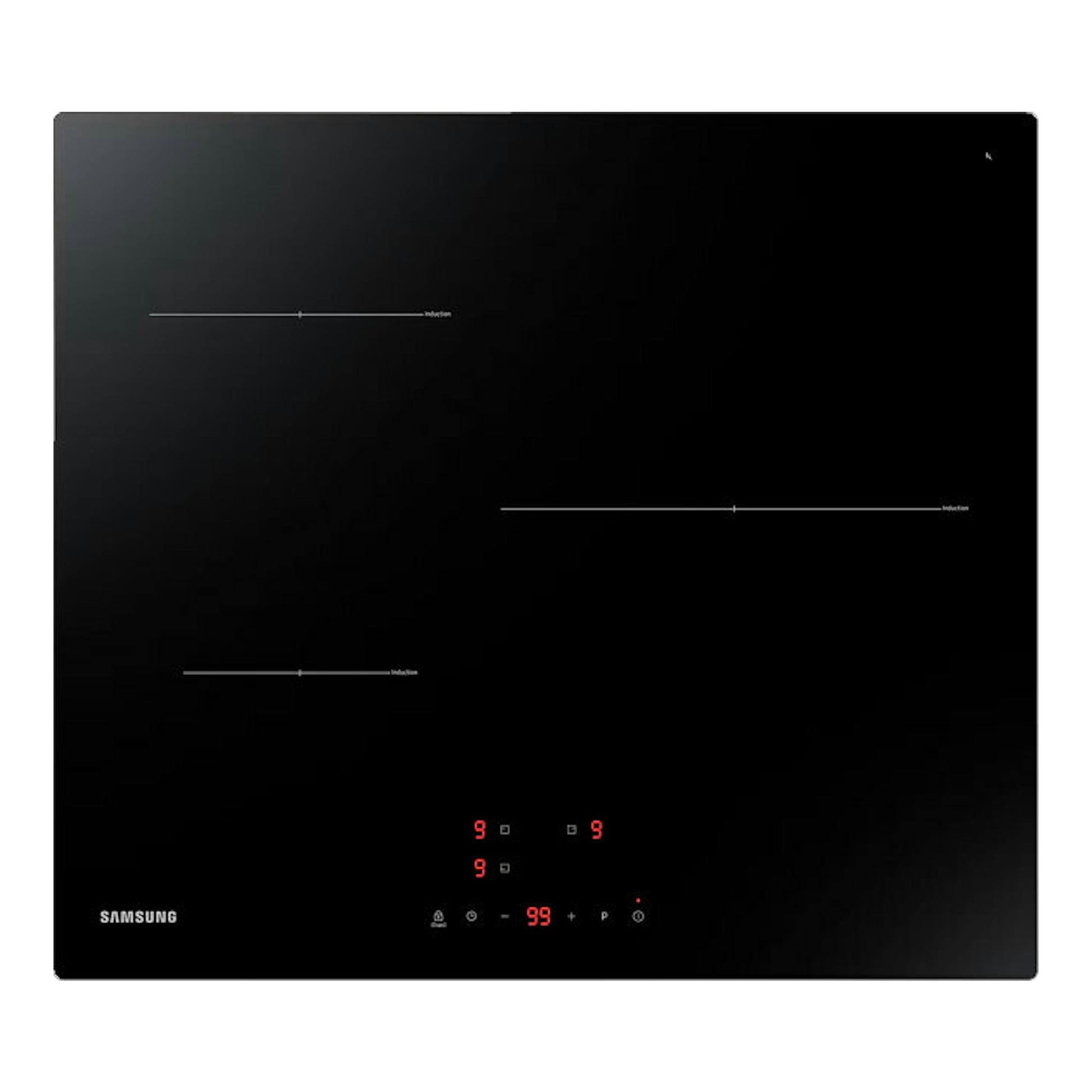 Placa de inducción Samsung NZ63T3706A1/UR negra, vista frontal, con controles táctiles iluminados en rojo.