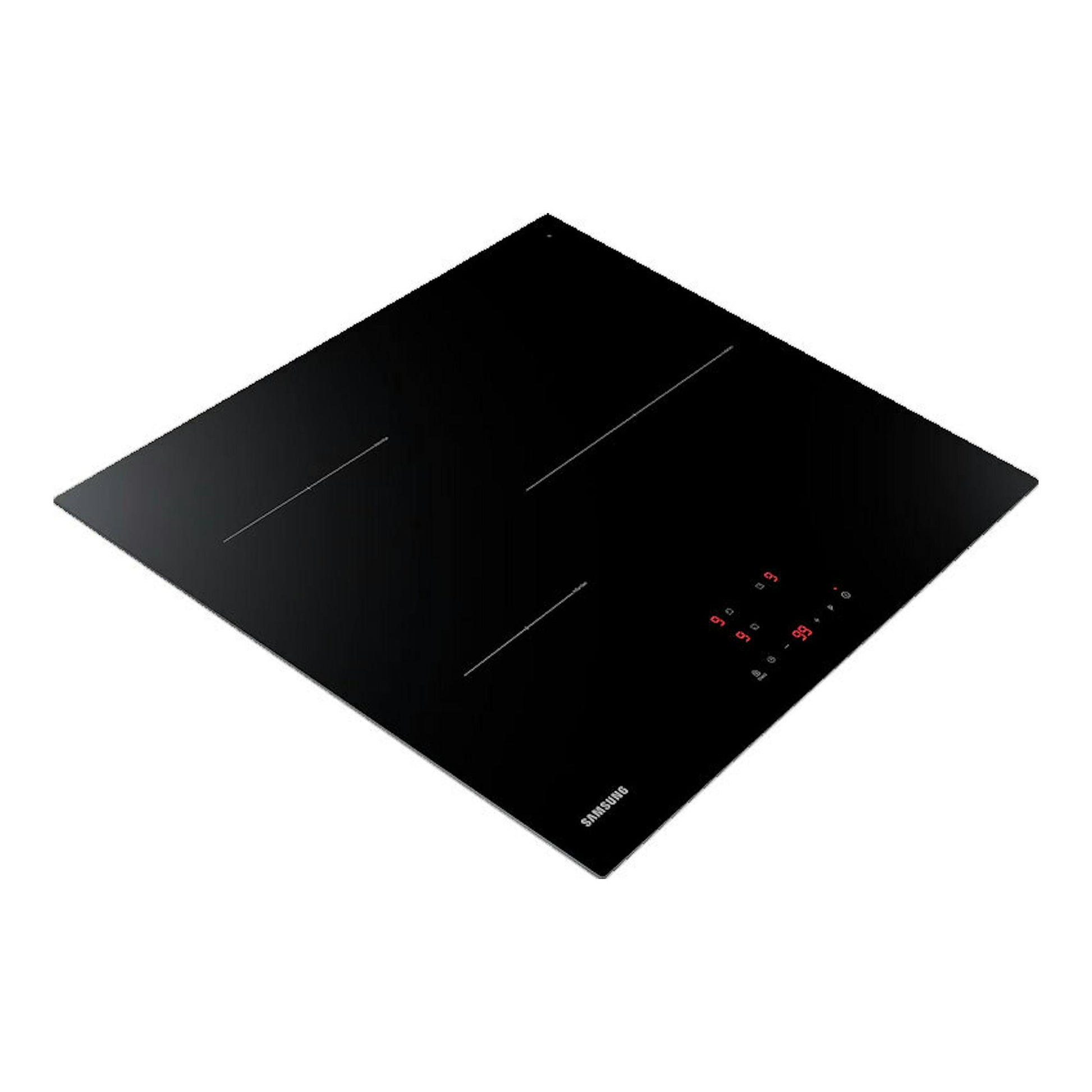 Placa de inducción Samsung NZ63T3706A1/UR negra, vista en ángulo superior, con mandos táctiles rojos.