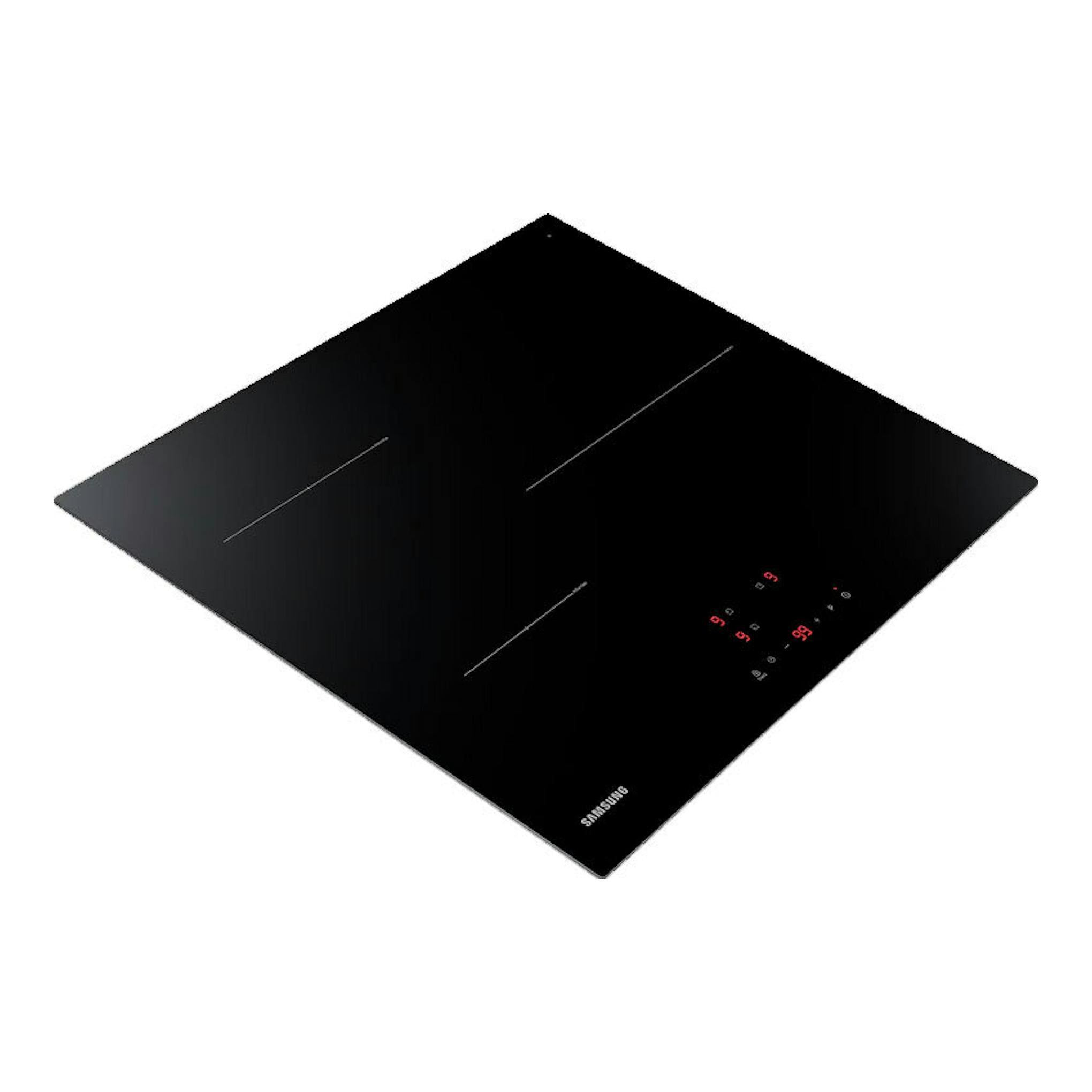 Placa de inducción Samsung NZ63T3706A1/UR negra, vista en ángulo superior, con mandos táctiles rojos.