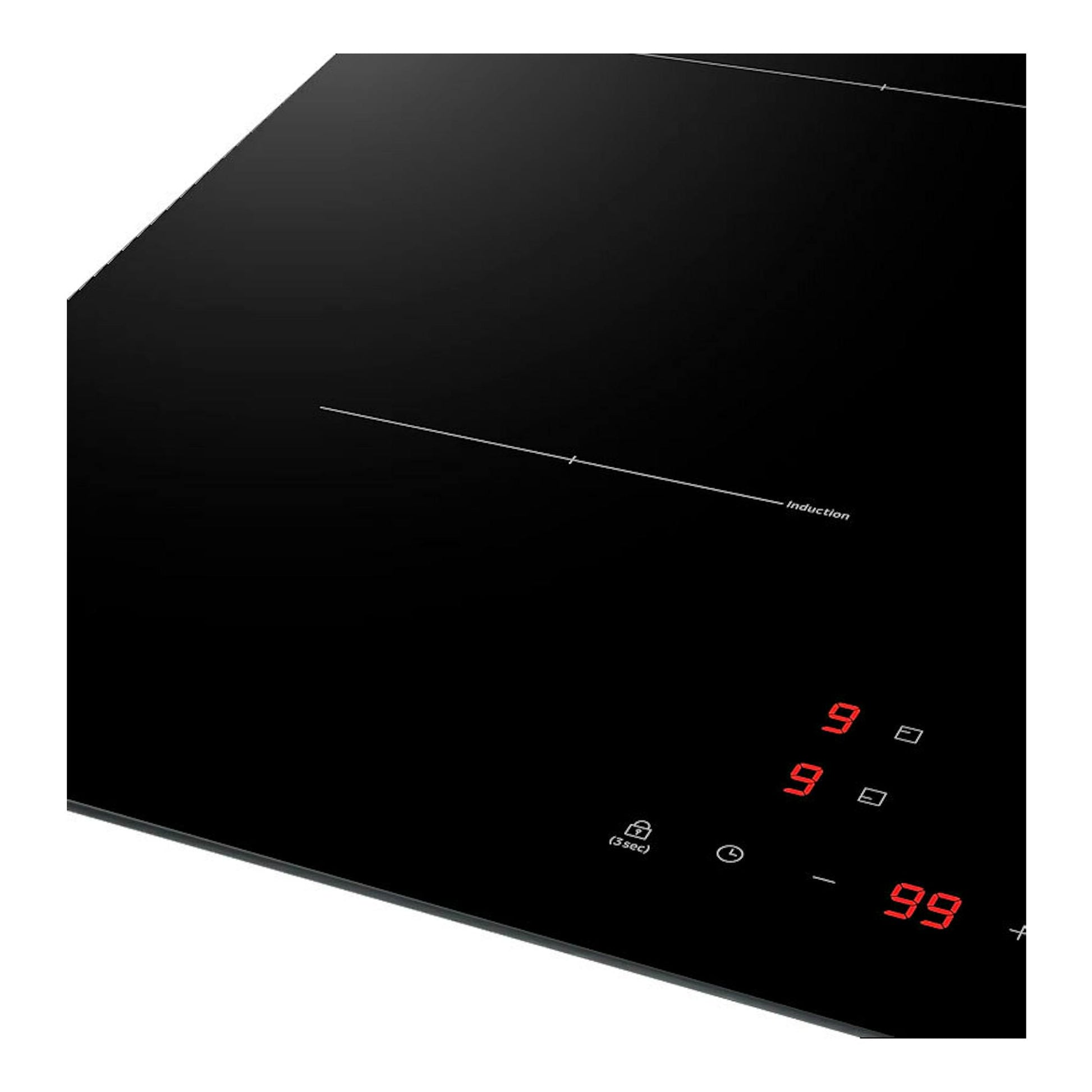 Placa de inducción Samsung NZ63T3706A1/UR negra, vista en ángulo, con controles táctiles y display rojo.