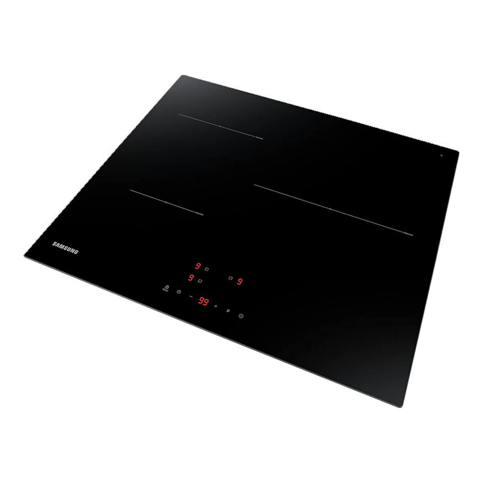 Placa de inducción Samsung NZ63T3706A1/UR negra, vista en ángulo desde arriba, con mandos táctiles.