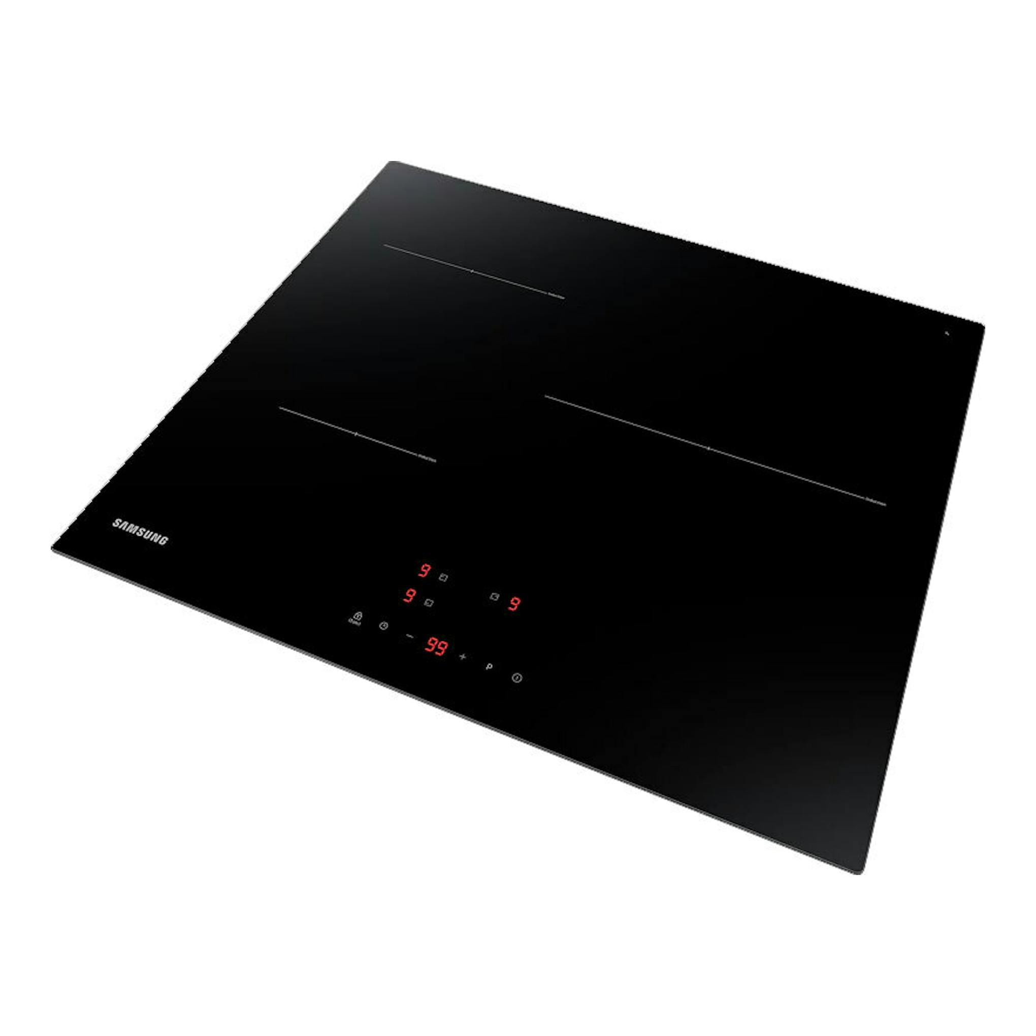 Placa de inducción Samsung NZ63T3706A1/UR negra, vista en ángulo desde arriba, con mandos táctiles.