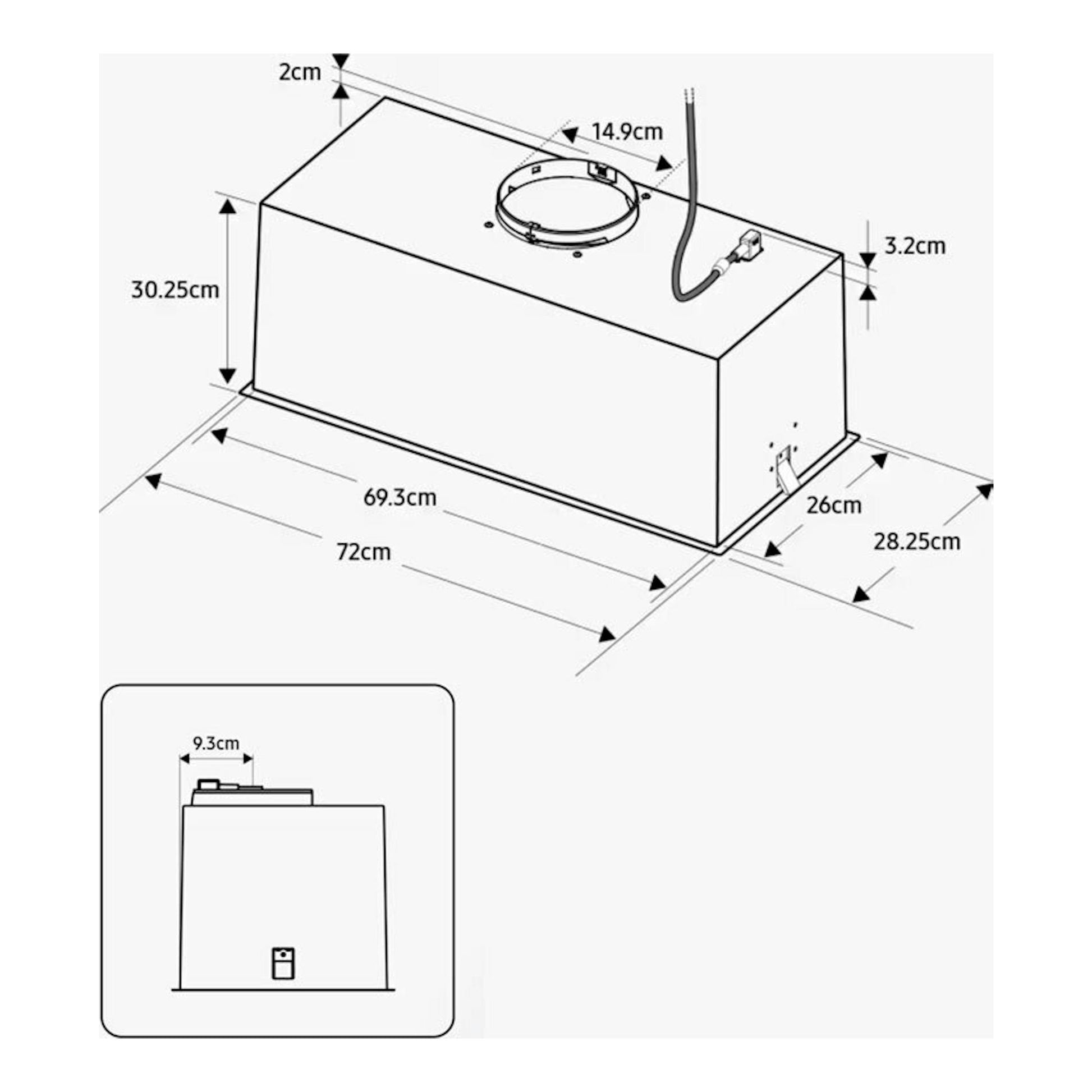 Diagrama técnico del grupo filtrante Samsung NK72FG454CS/UR 72 cm, vista en perspectiva con medidas y alzado lateral.
