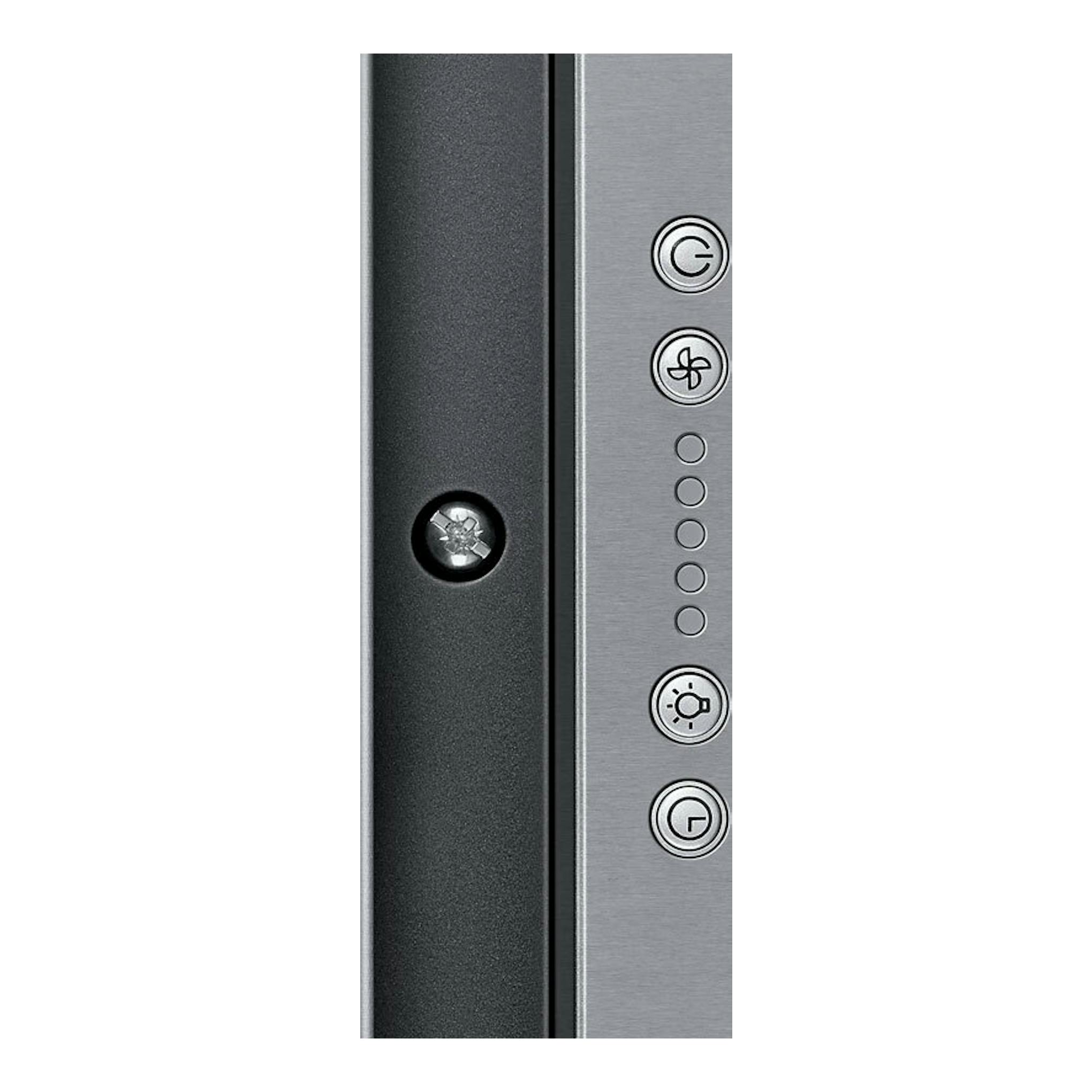 Primer plano del panel frontal de acero inoxidable del grupo filtrante Samsung NK72FG455CS/UR, con botones laterales.