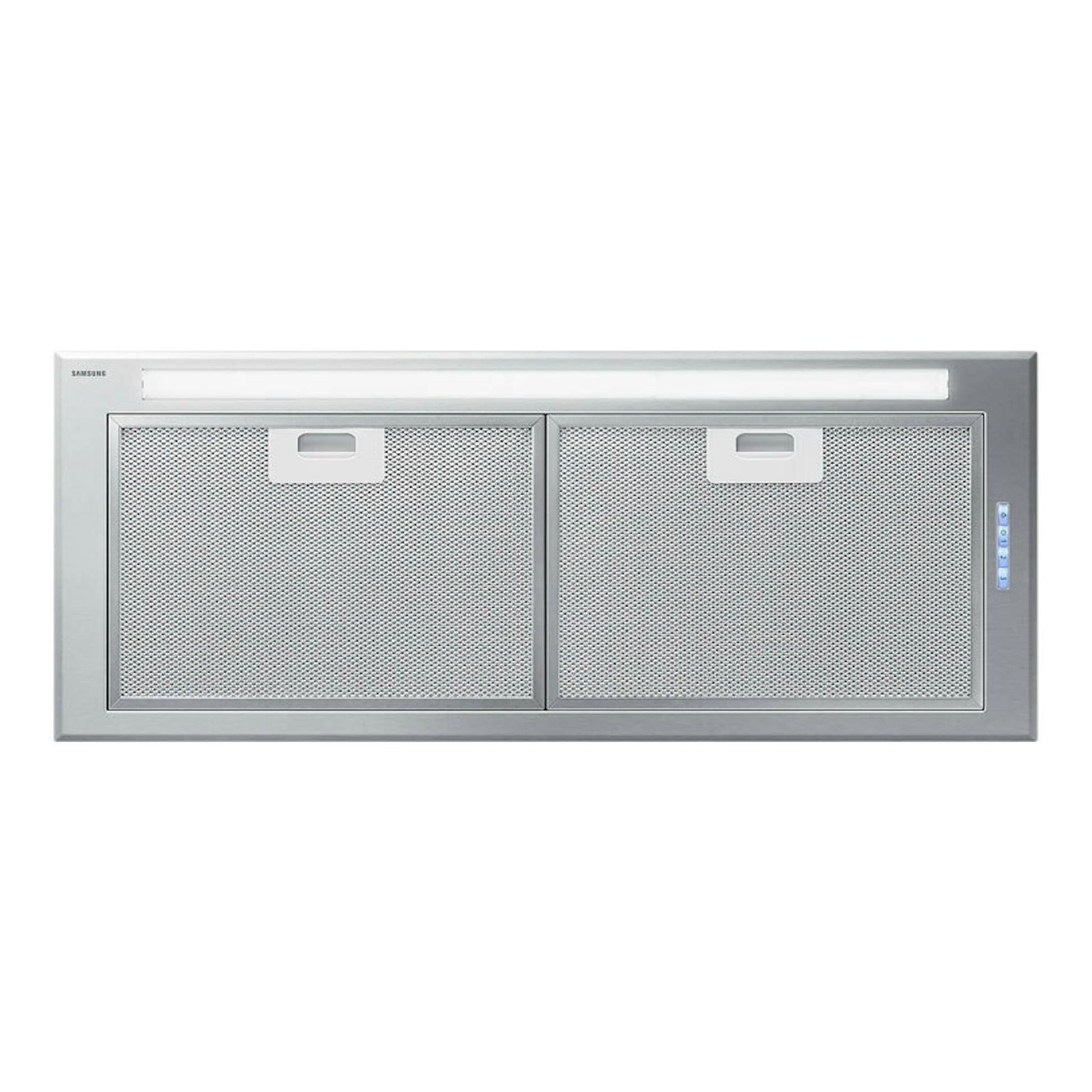 Grupo filtrante Samsung NK72FG454CS/UR, vista frontal, acabado plateado, dos filtros metálicos y control lateral.
