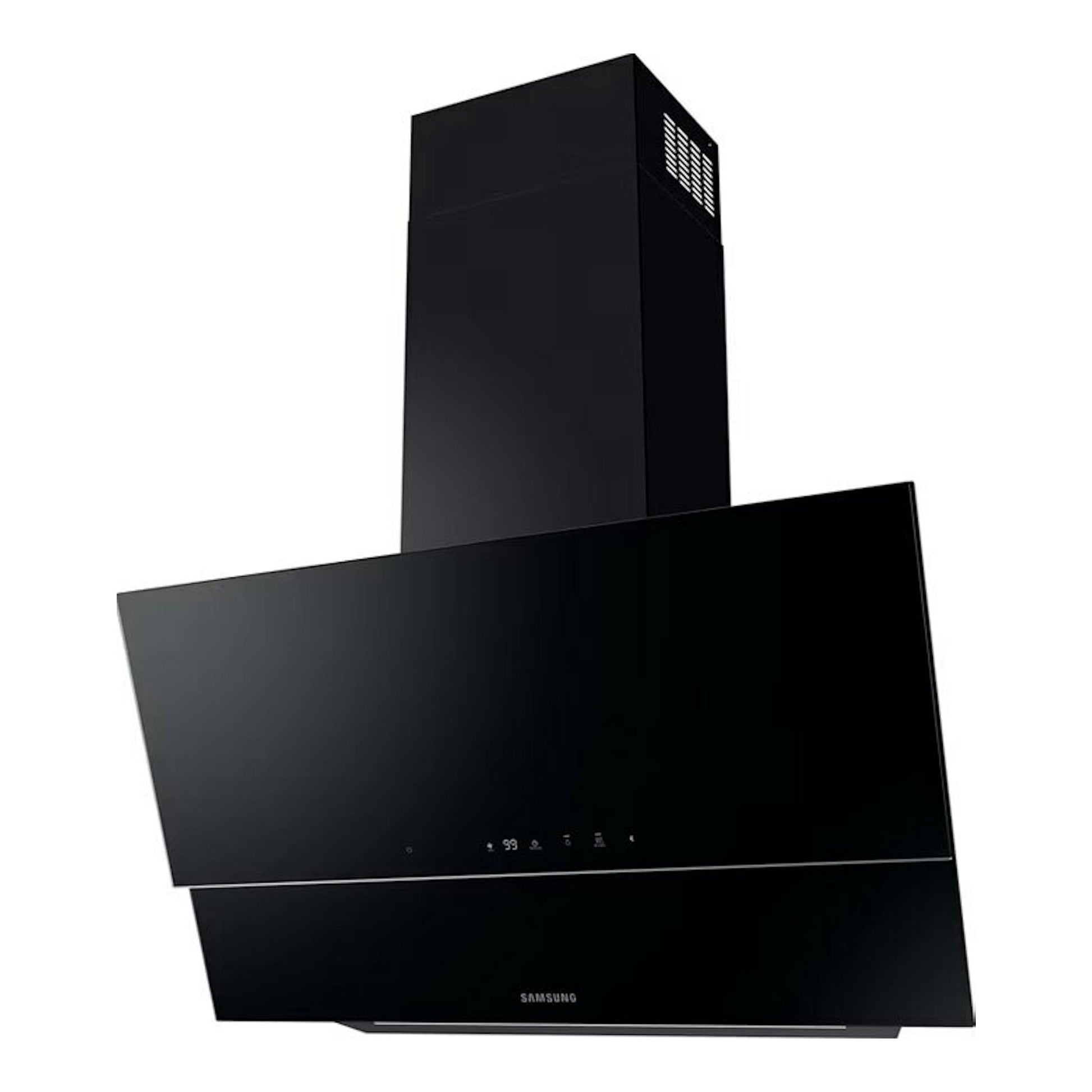 Campana decorativa Samsung NK36C9804WB/UR negra, vista frontal en ángulo.