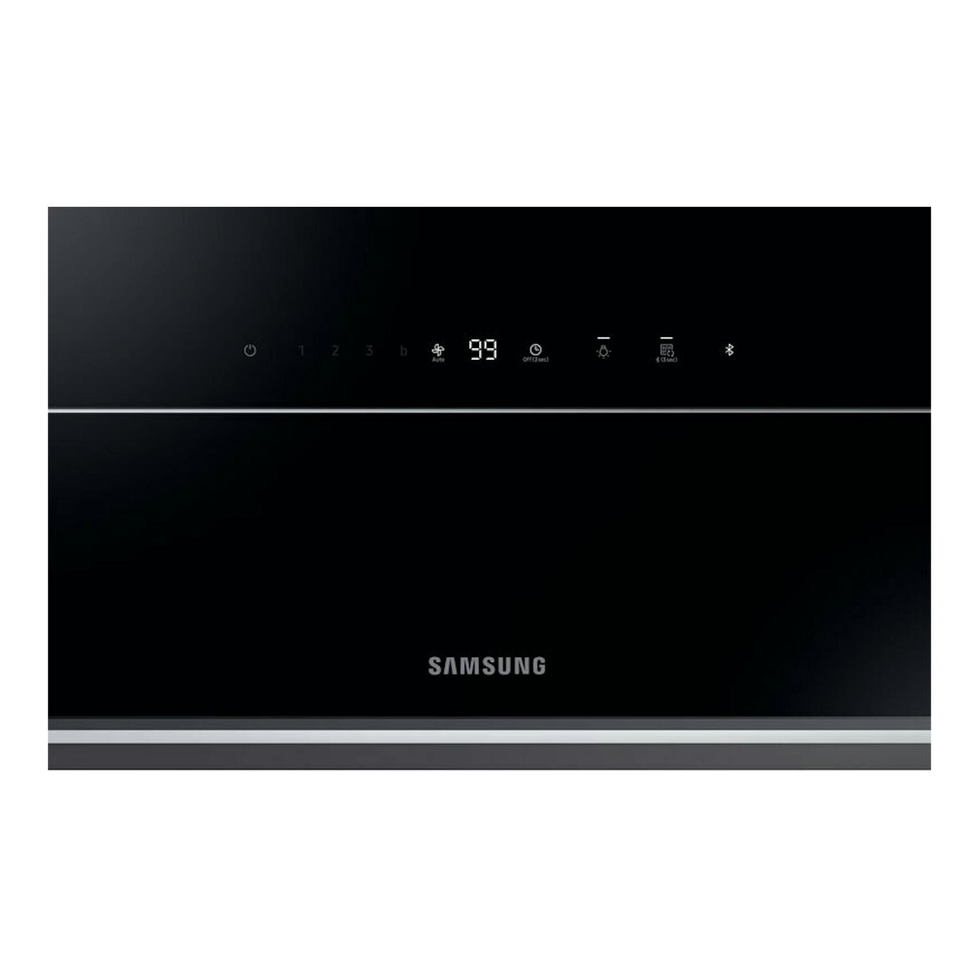 Campana decorativa Samsung NK36C9804WB/UR negra, vista frontal, con panel táctil y logotipo Samsung.