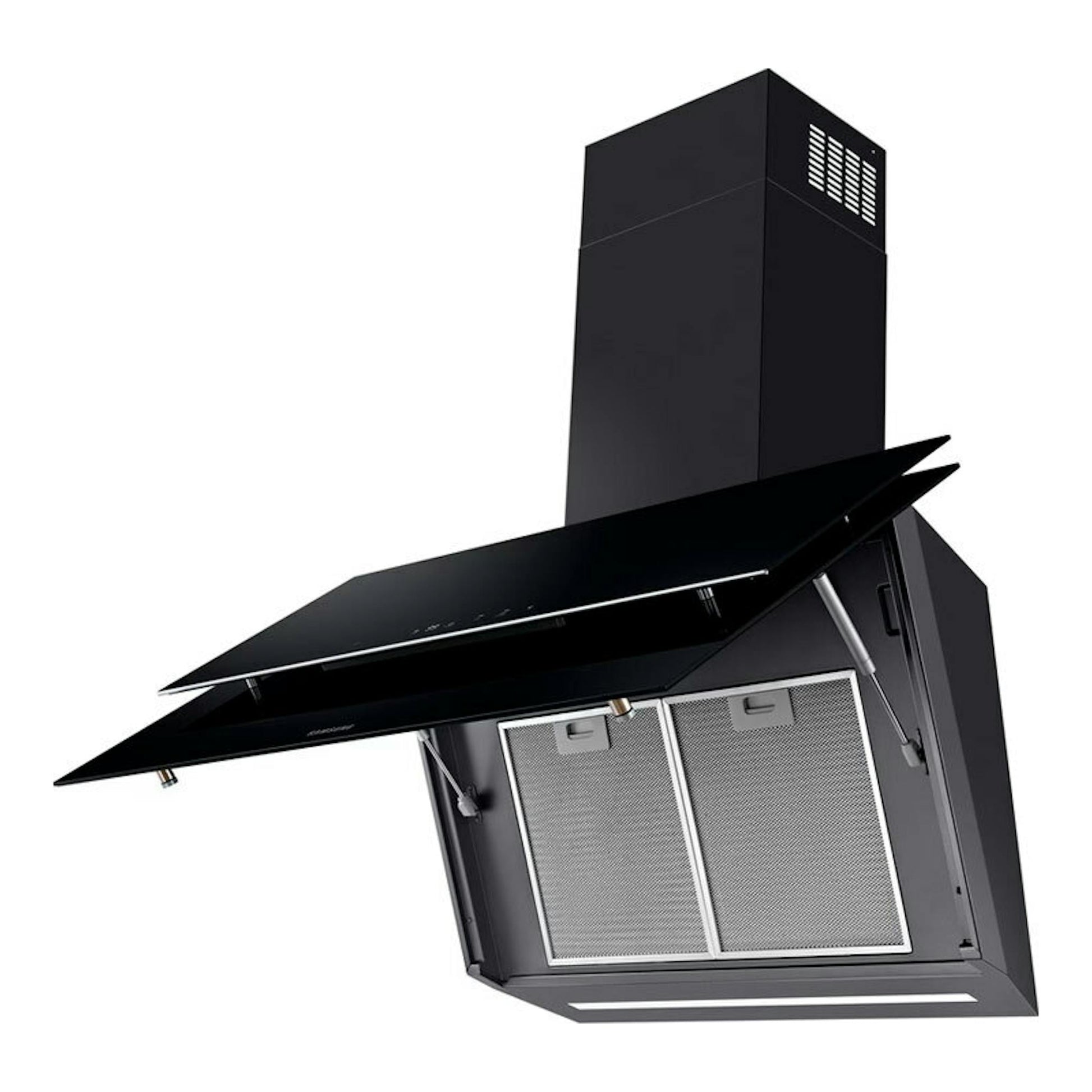 Campana decorativa Samsung NK36C9804WB/UR negra, vista en ángulo con panel frontal abatido y filtros visibles.