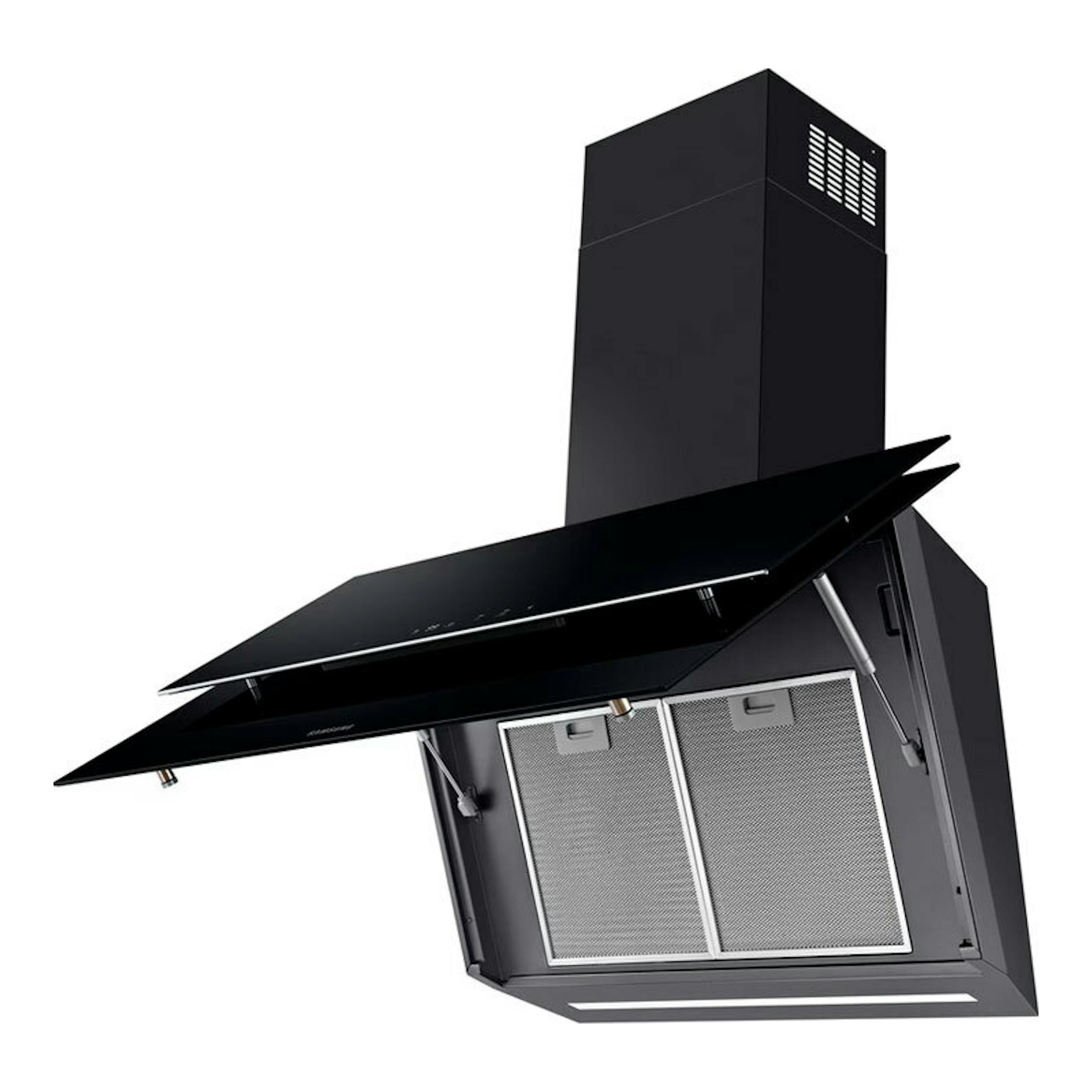 Campana decorativa Samsung NK36C9804WB/UR negra, vista en ángulo con panel frontal abatido y filtros visibles.