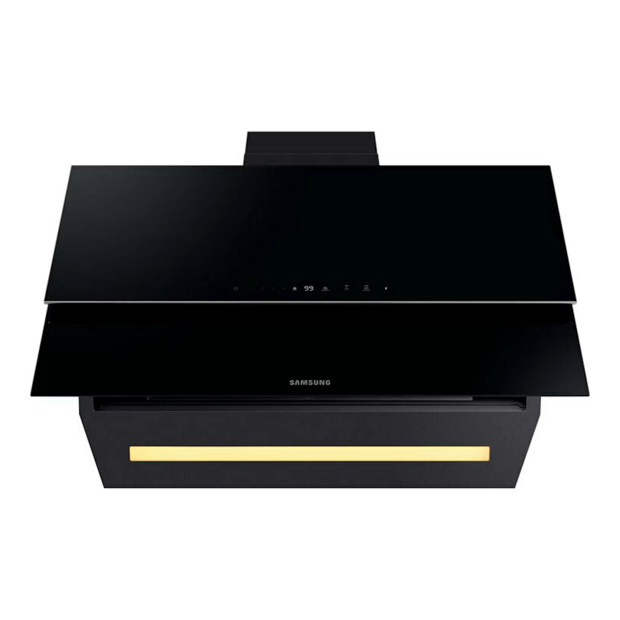 Campana decorativa Samsung NK36C9804WB/UR negra, vista frontal con panel inclinado y luz inferior.