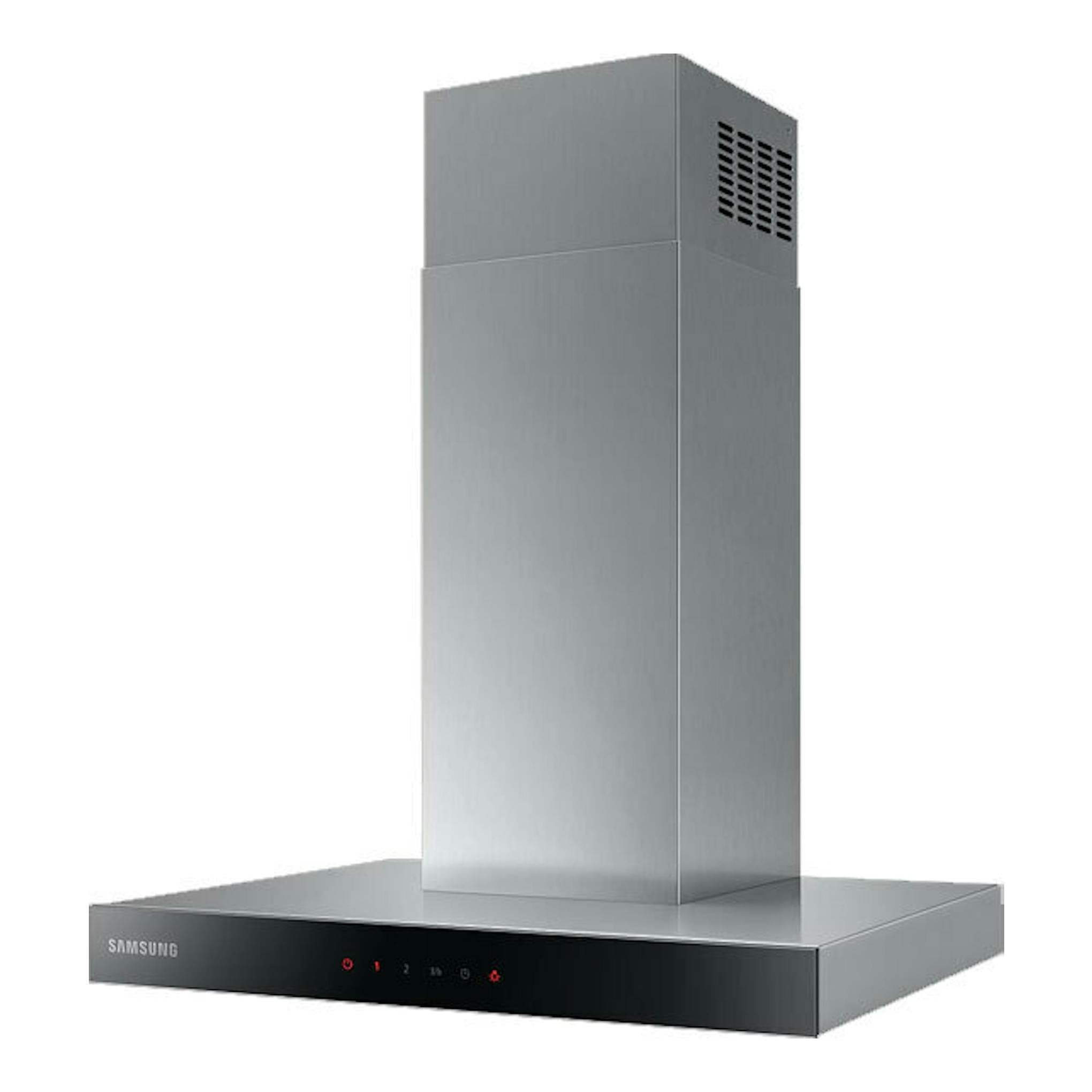 Campana decorativa Samsung NK24C5070US/UR inox, vista frontal en tres cuartos, con chimenea y panel negro.