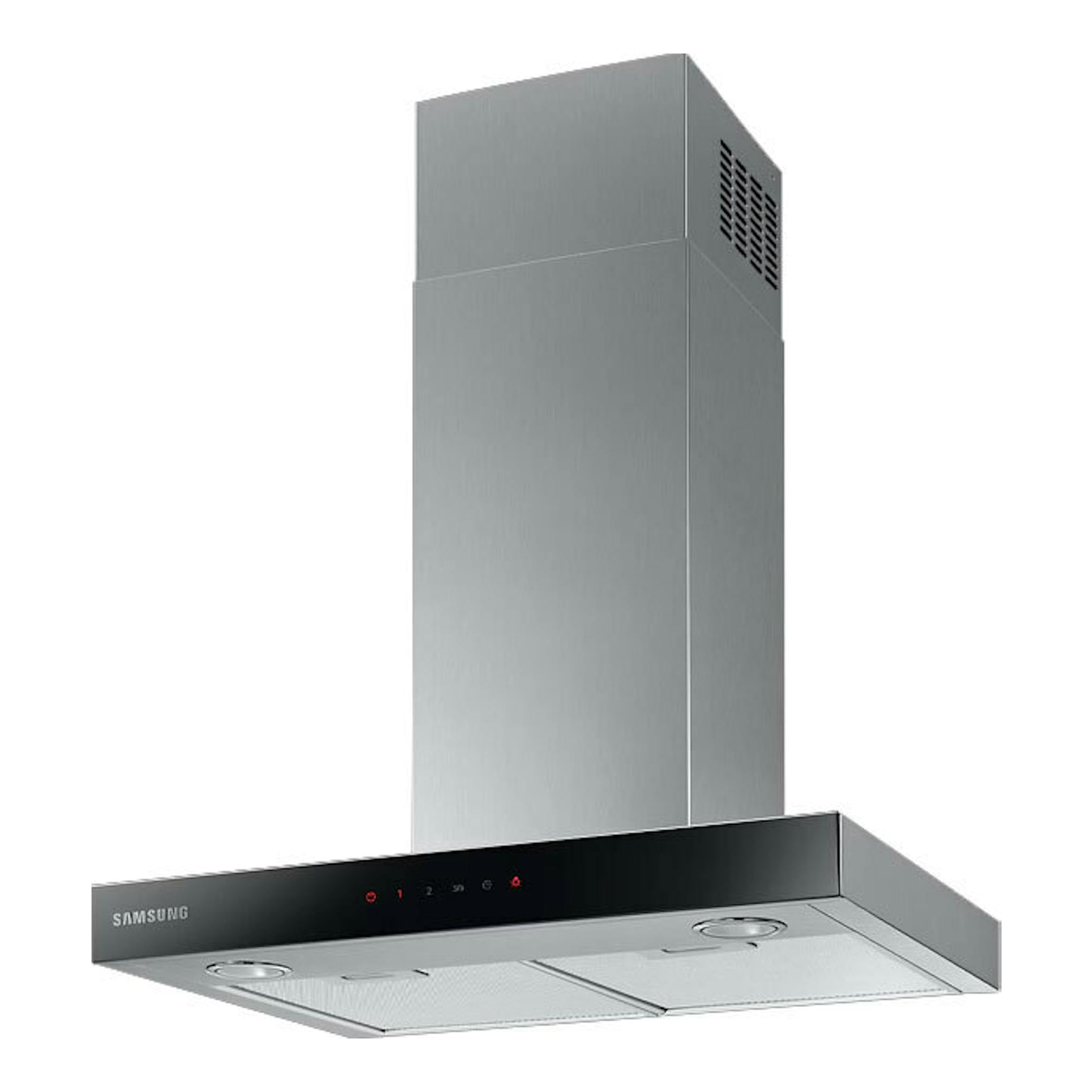 Campana decorativa Samsung NK24C5070US/UR inox, vista frontal en ángulo, con chimenea y panel negro.