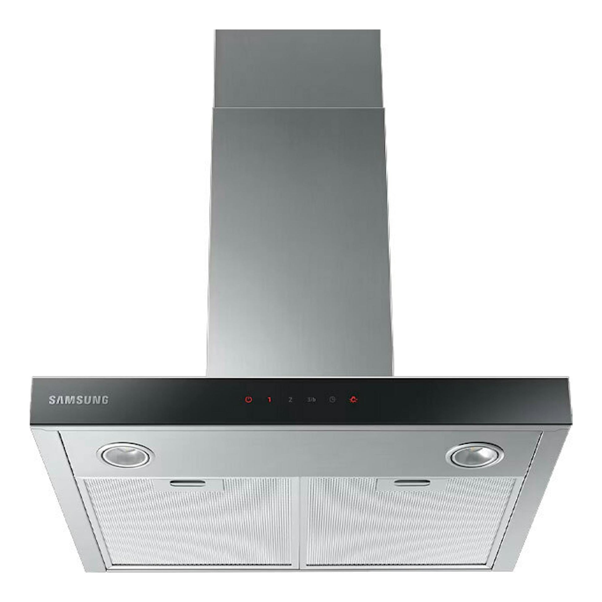 Campana decorativa Samsung NK24C5070US/UR inox, vista frontal inferior, con dos luces y dos filtros metálicos.