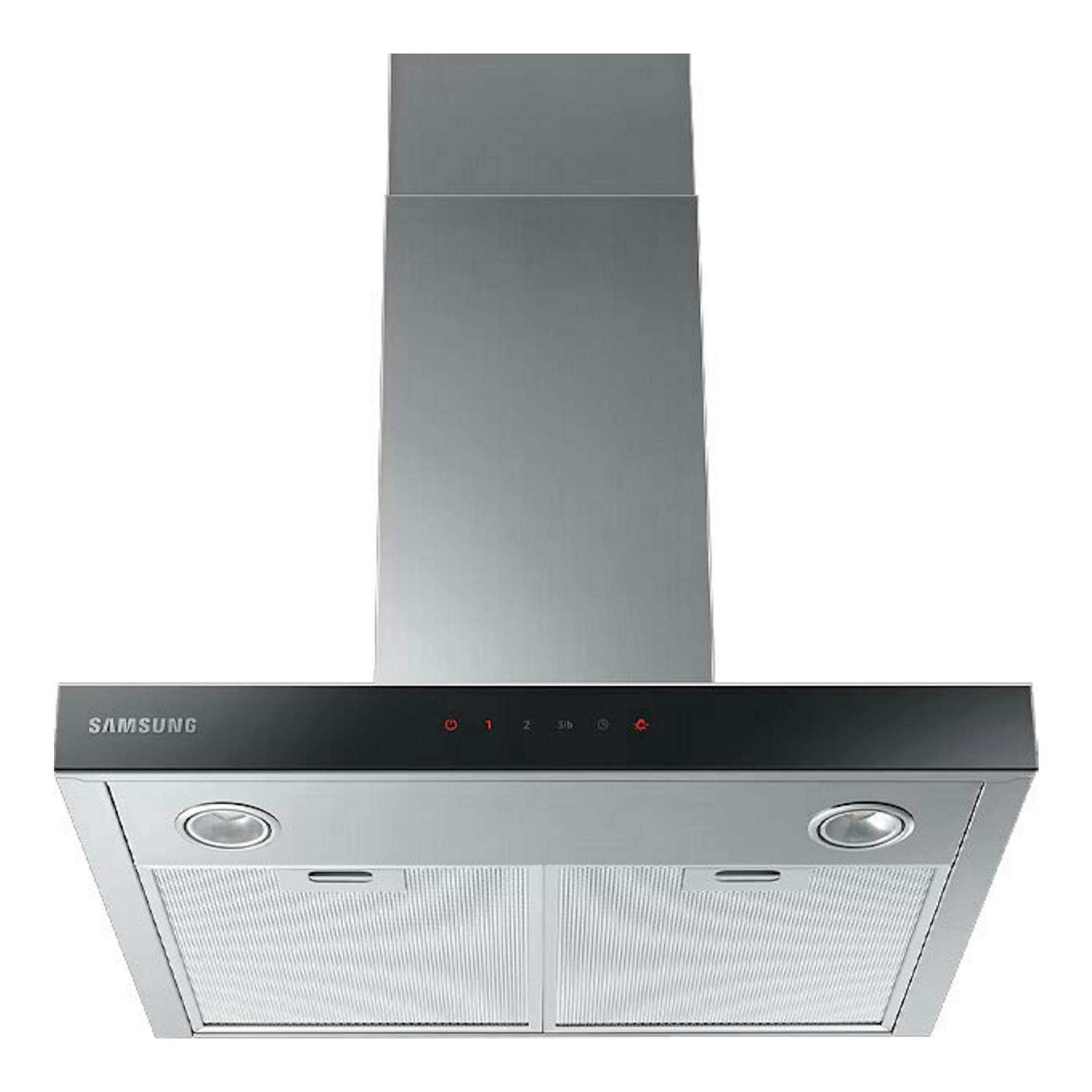 Campana decorativa Samsung NK24C5070US/UR inox, vista frontal inferior, con dos luces y dos filtros metálicos.