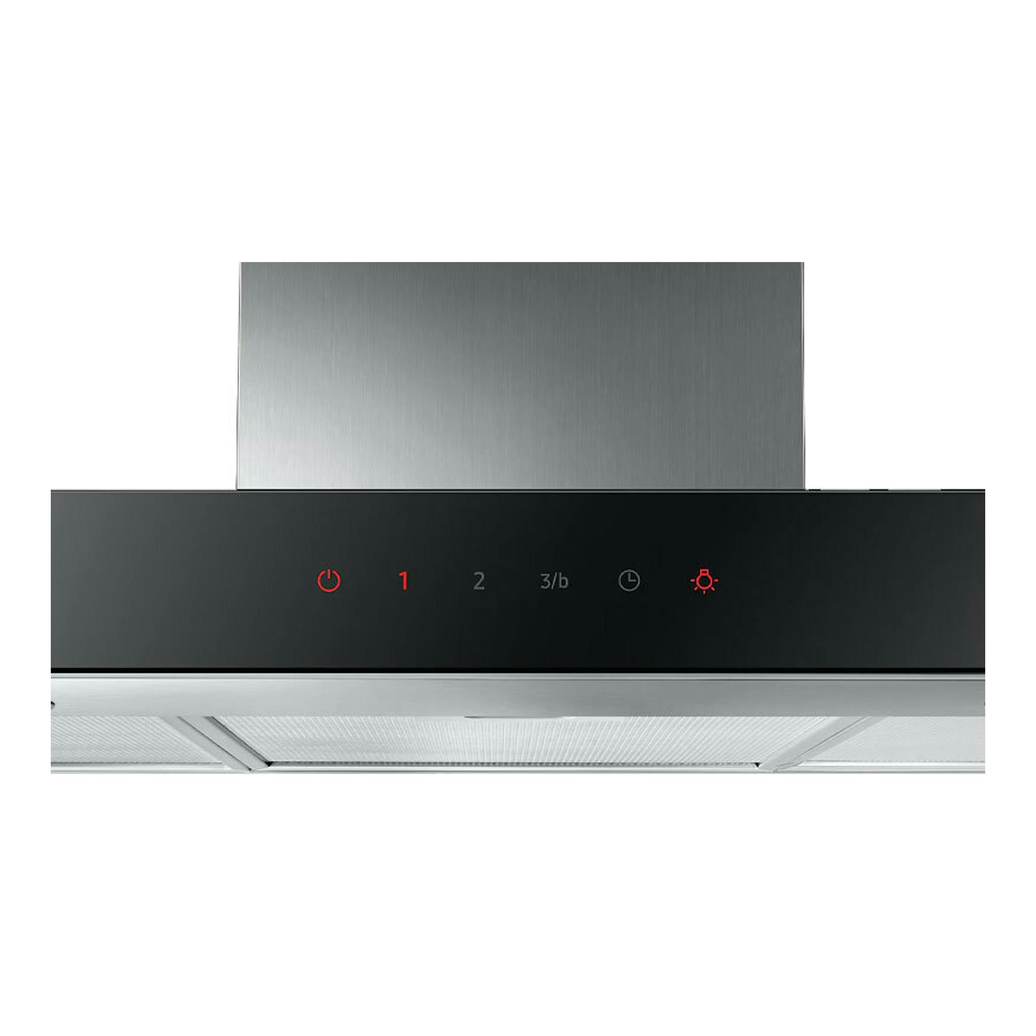 Campana decorativa Samsung NK36C5070US/UR inox, vista frontal, con panel negro y chimenea de acero.