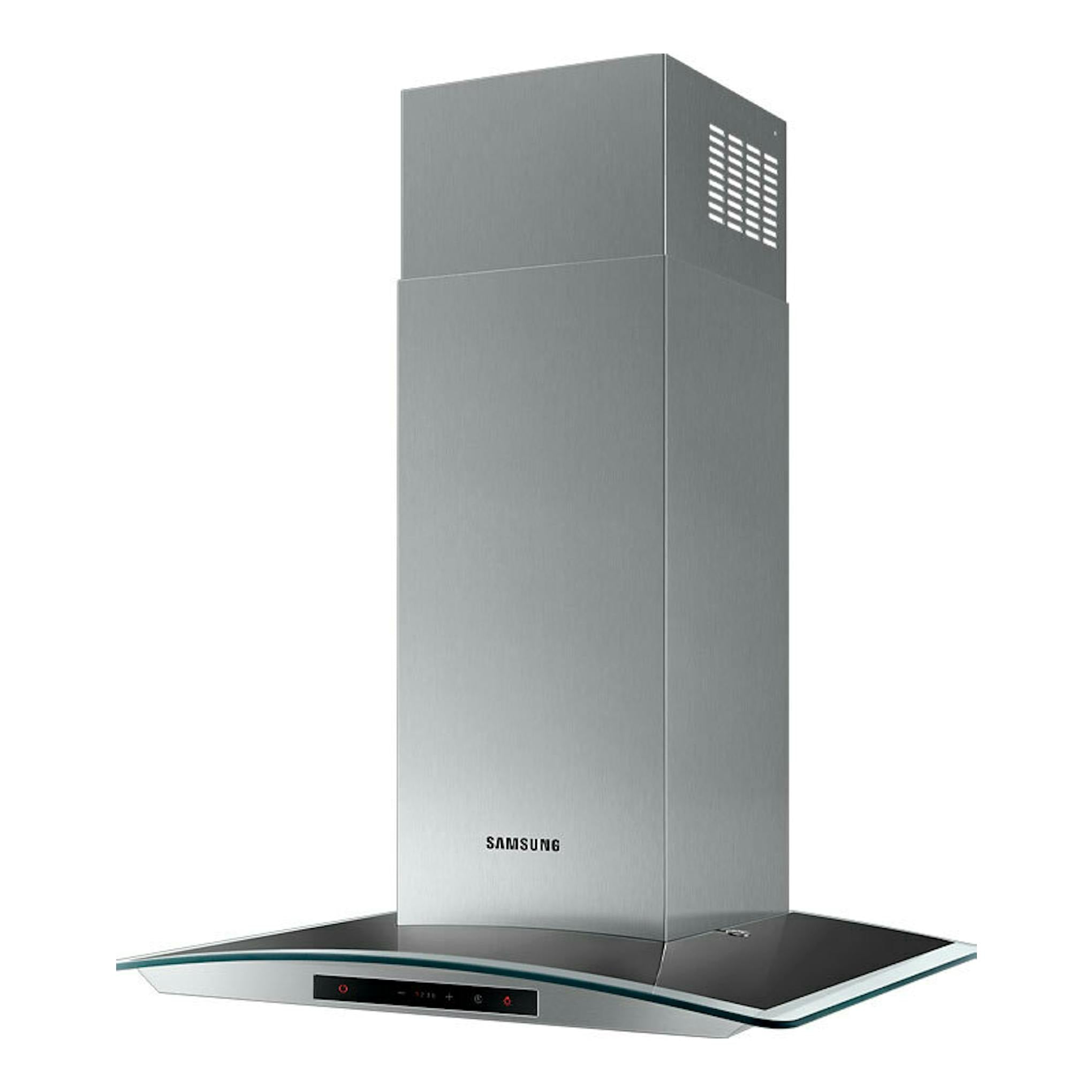 Campana decorativa Samsung NK24C5070DS/UR de inox, vista frontal, con chimenea y panel de cristal.