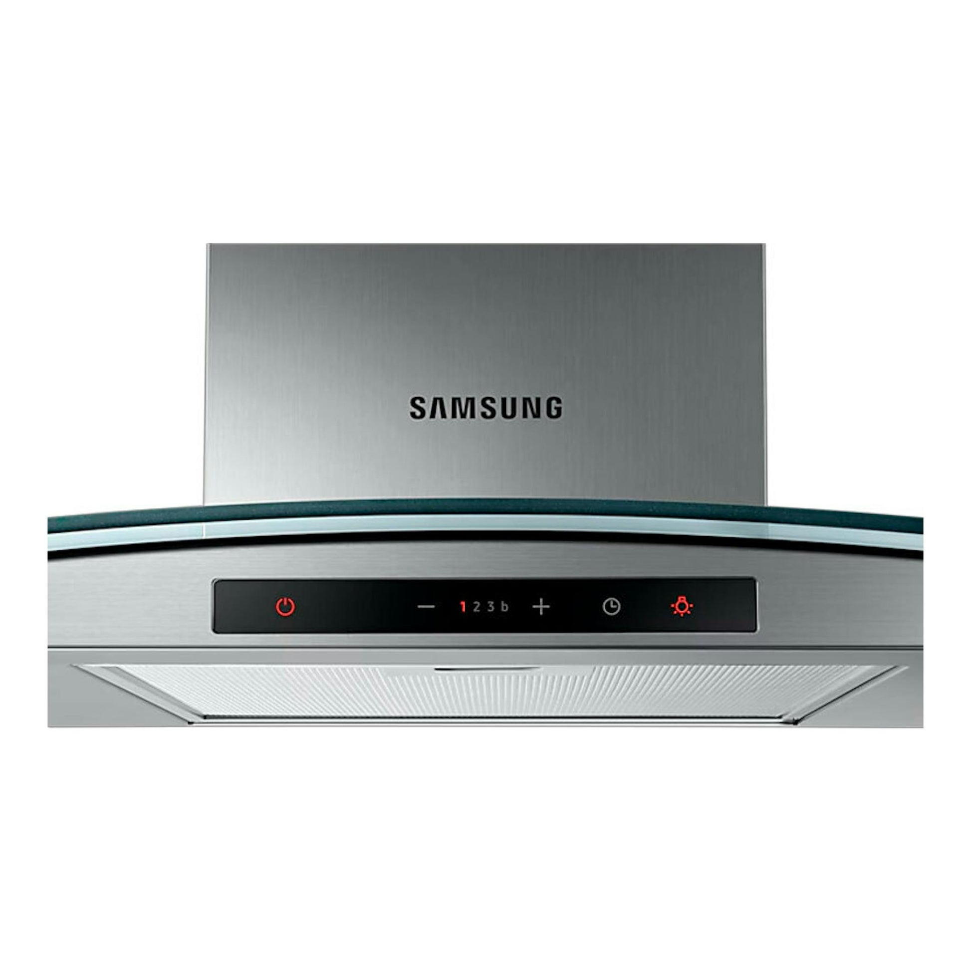 Campana decorativa Samsung NK24C5070DS/UR de acero inoxidable, vista frontal con panel táctil.