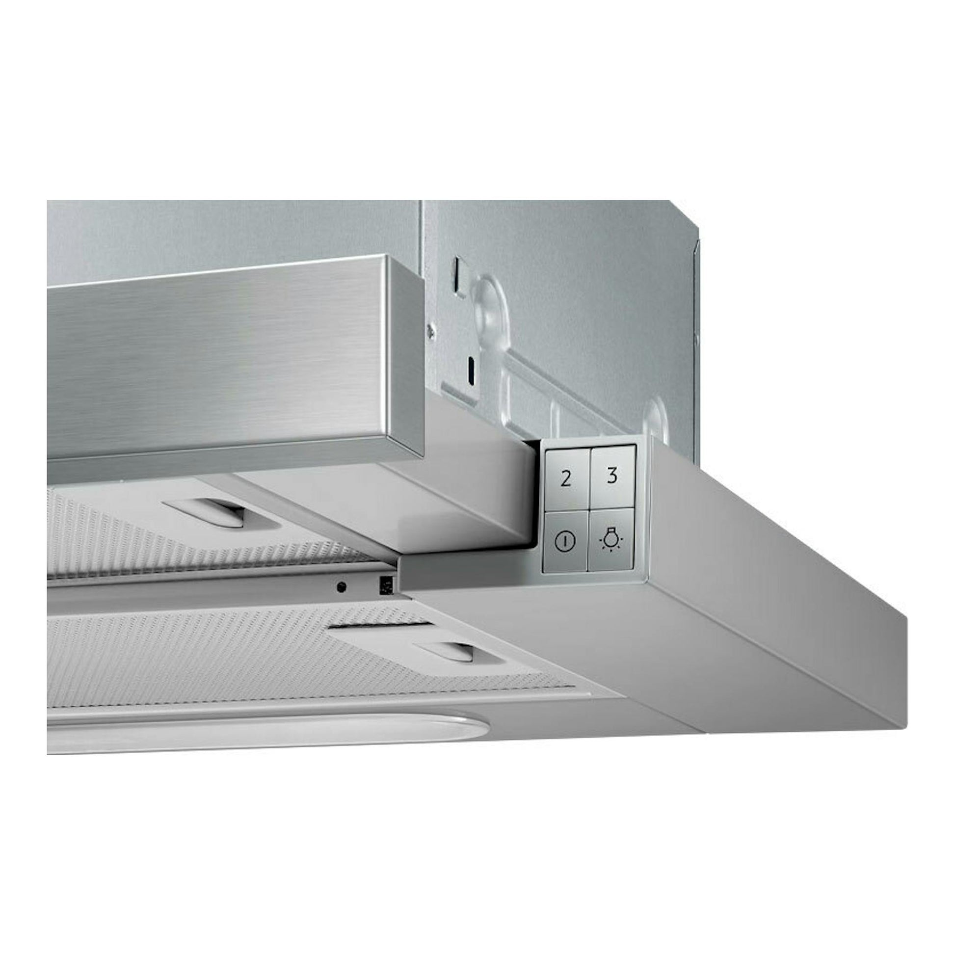 Campana telescópica Samsung NK24M1030IS/UR en inox, vista inferior y lateral, con controles frontales.