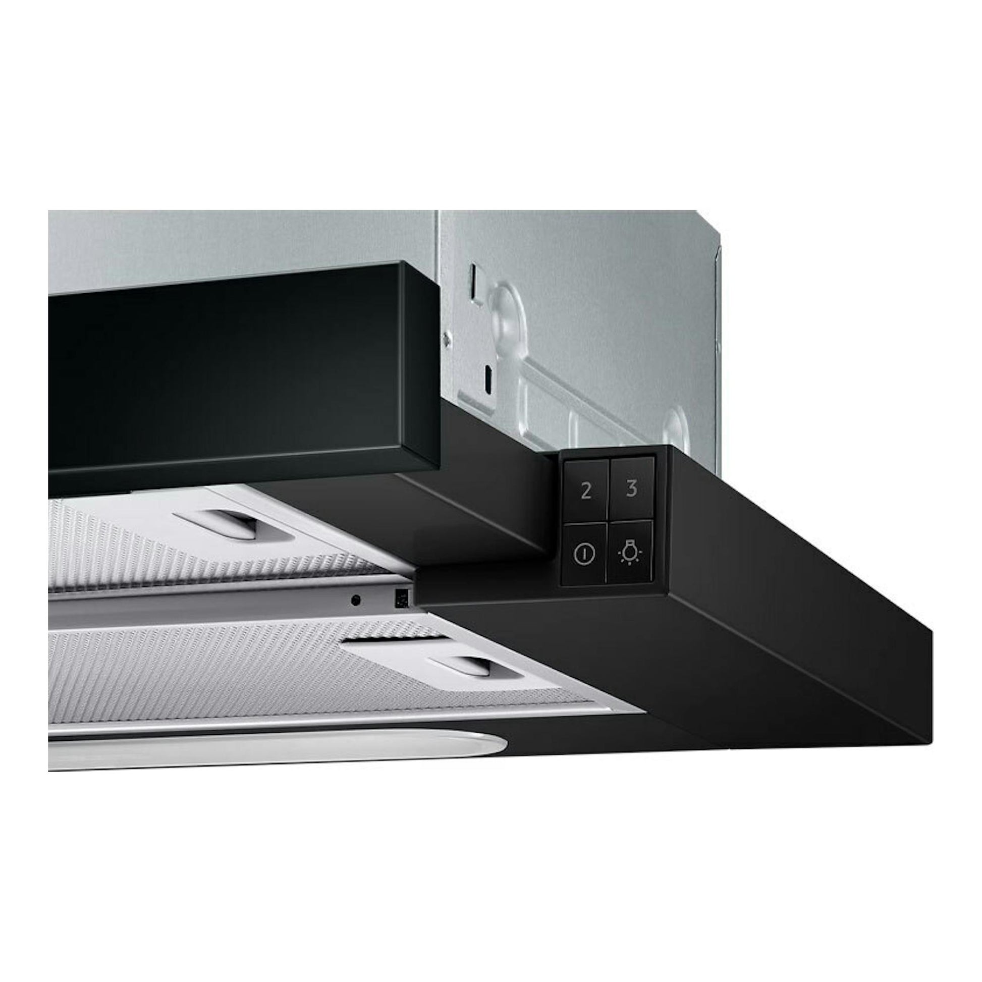 Campana telescópica Samsung NK24M1030IB/UR negra, vista inferior y frontal parcial, con panel de control.