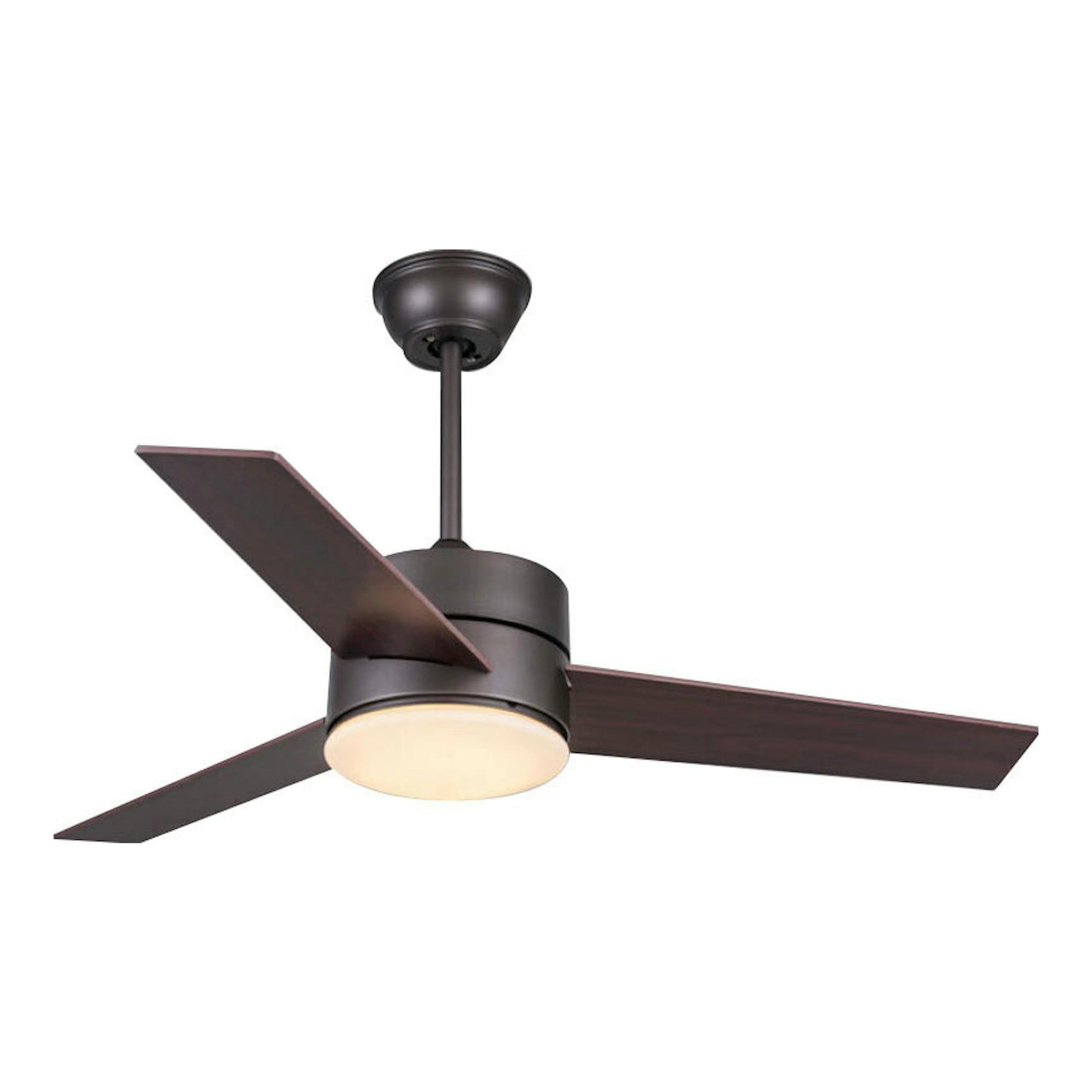 Ventilador de techo FM VT1302 L, marrón oscuro, con tres aspas y luz integrada, vista frontal.
