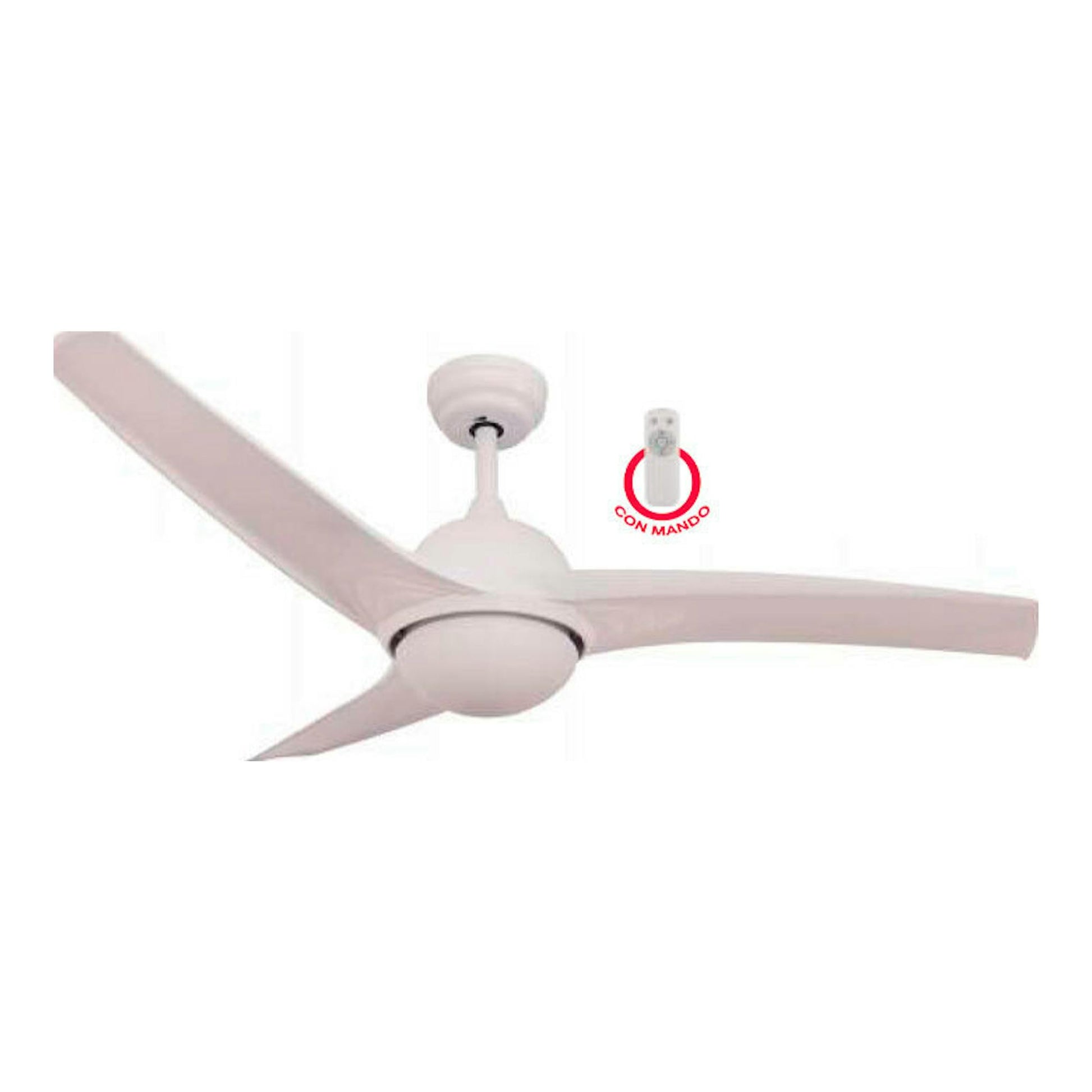 Ventilador de techo FM VT8000 L blanco de tres aspas, vista en ángulo, con mando a distancia.