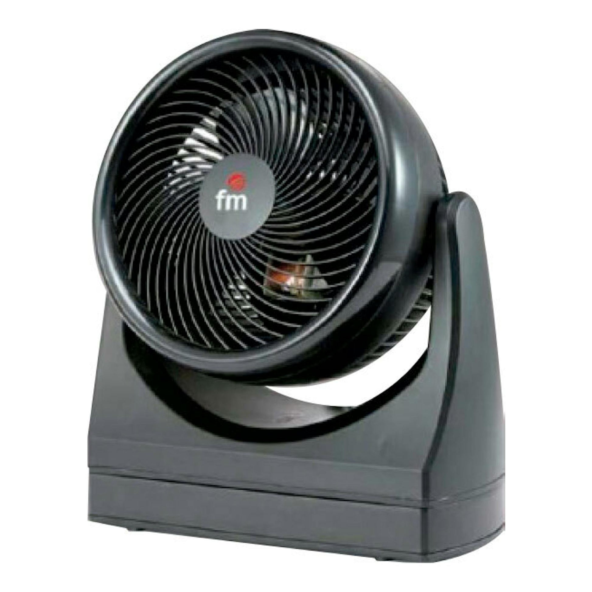 Ventilador de caja FM BF20 negro, vista frontal en tres cuartos, con rejilla circular y base inclinable.