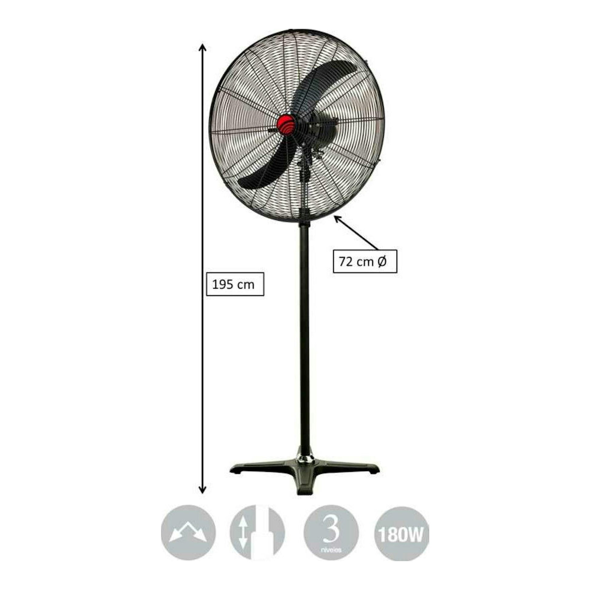 Ventilador industrial de pie FM CI185 negro, con altura de 195 cm y diámetro de 72 cm.