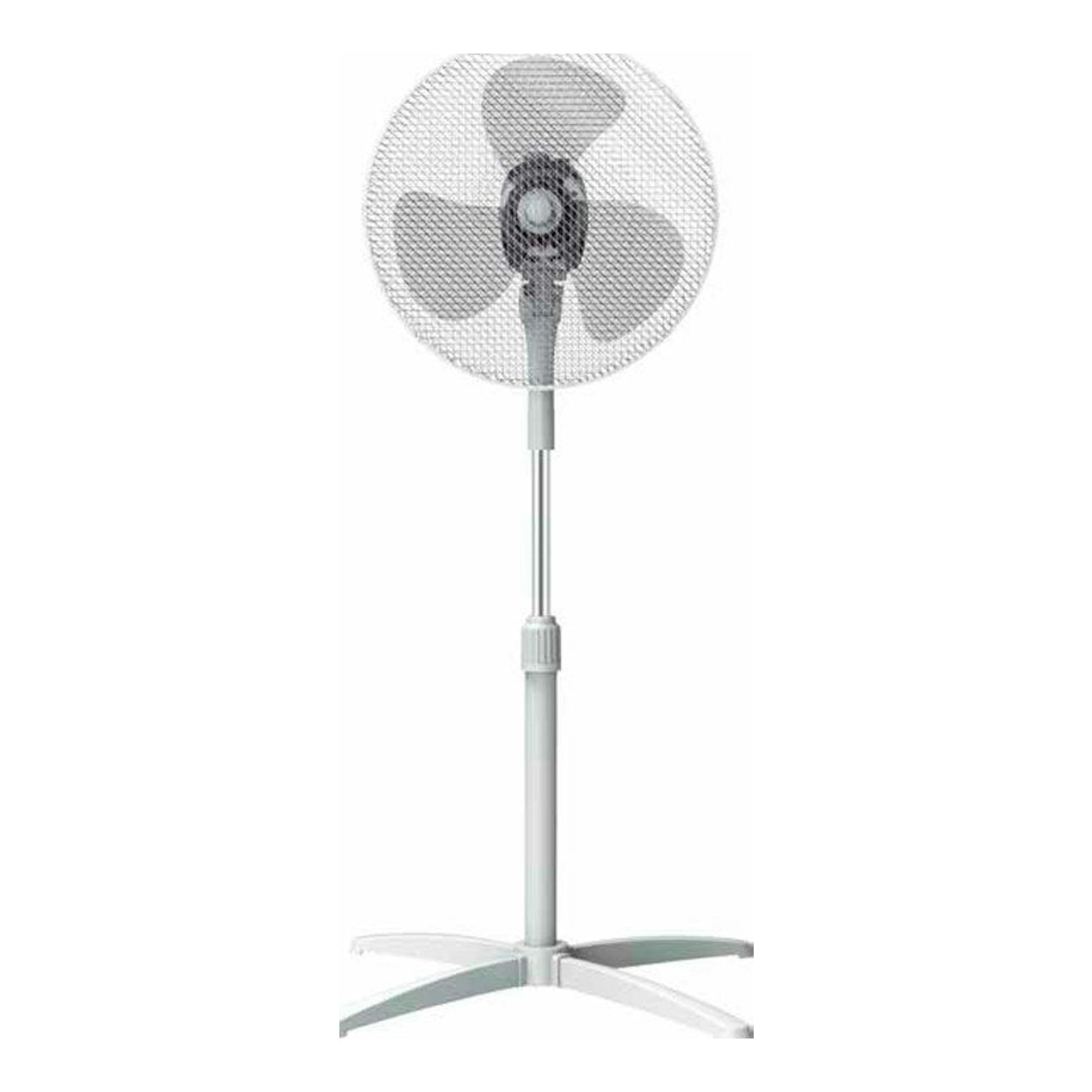 Ventilador de pie FM PX40 blanco, vista frontal, con rejilla metálica y base de cuatro patas.