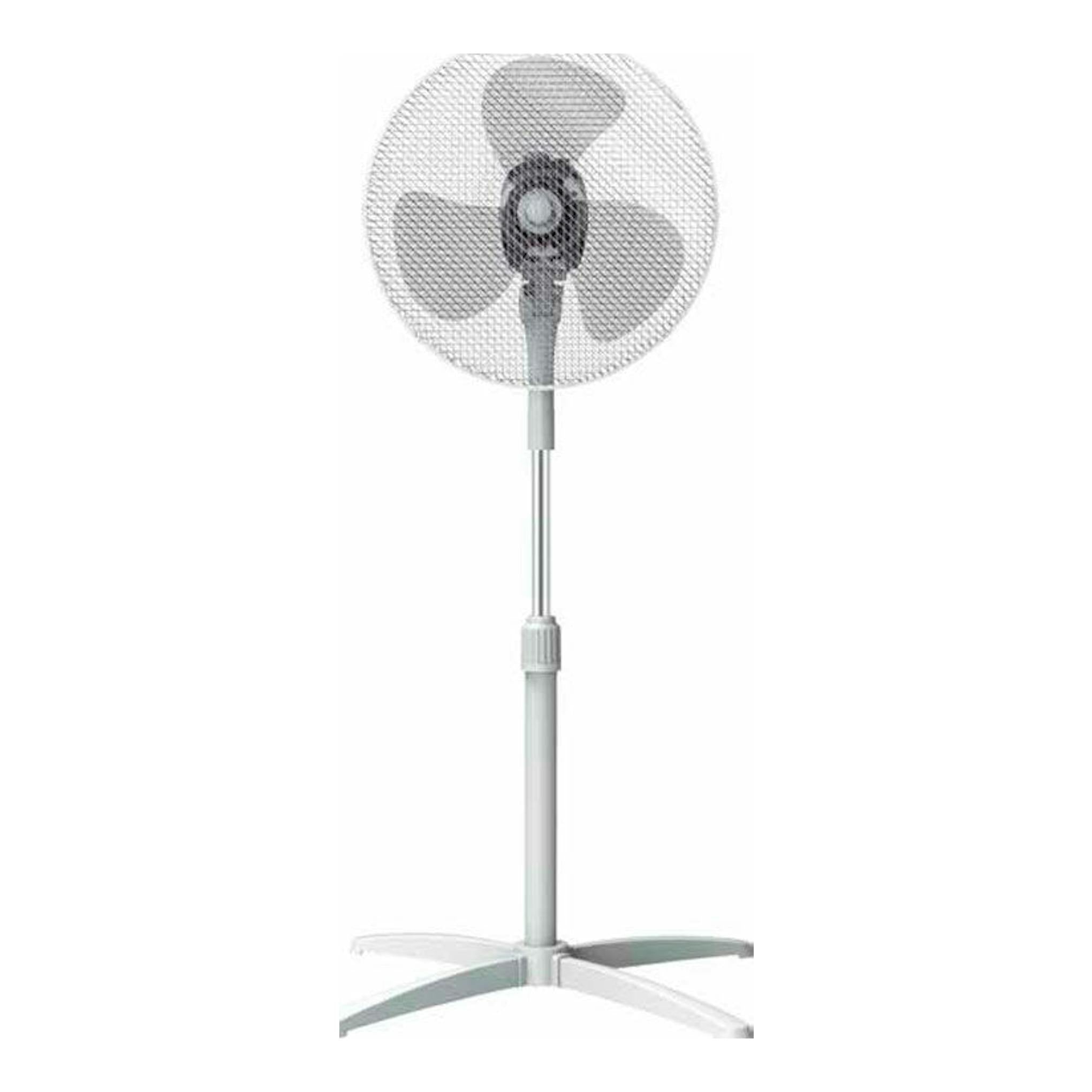 Ventilador de pie FM PX40 blanco, vista frontal, con rejilla metálica y base de cuatro patas.