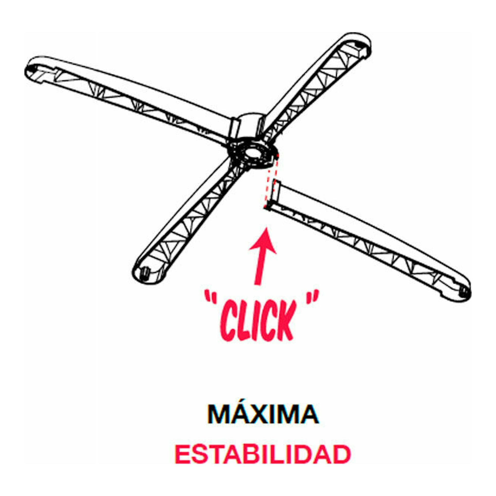 Ilustración del ventilador FM PX40 blanco con una pala desmontada y flecha “click” de montaje.